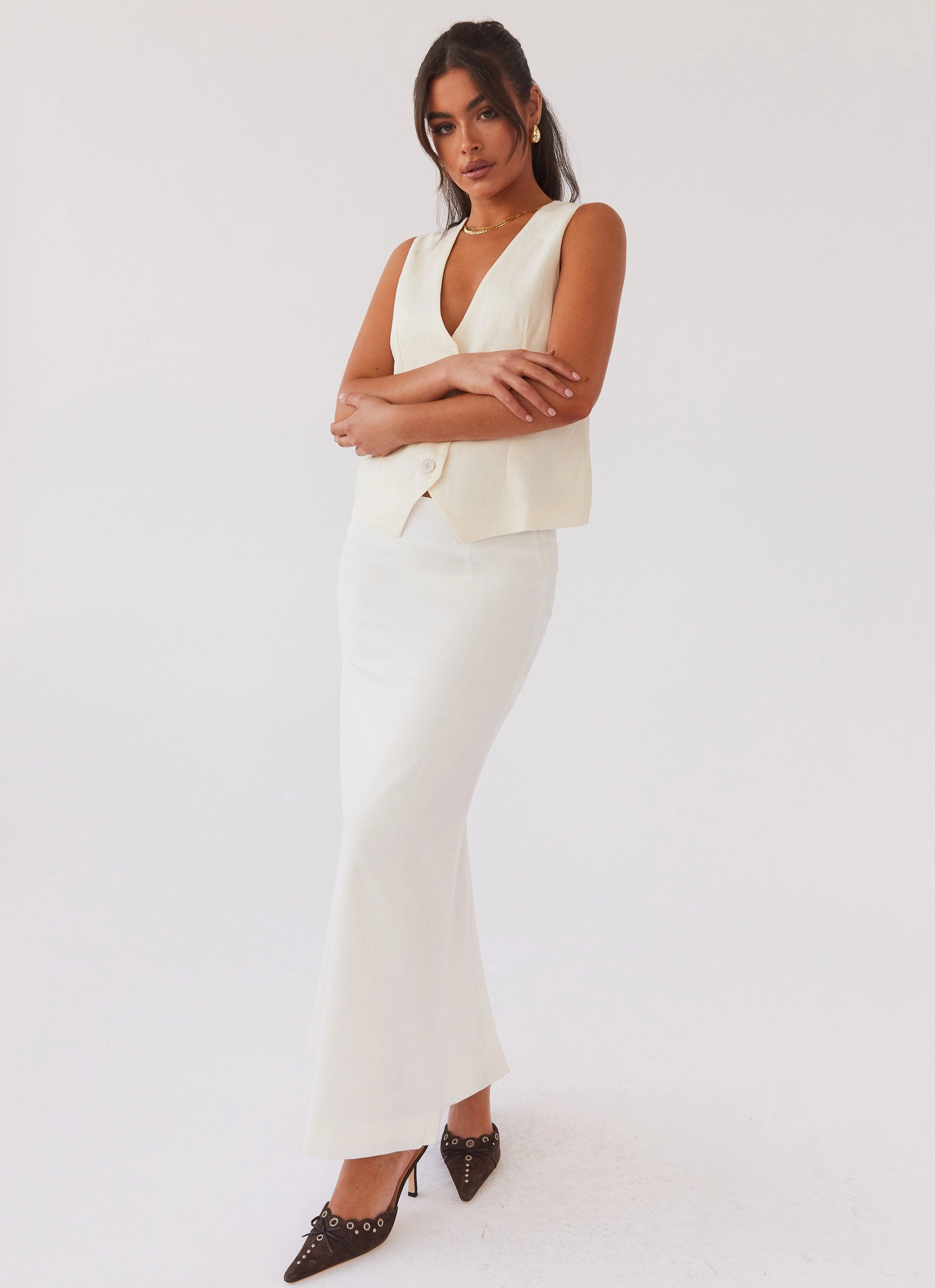 Born For Bordeaux Linen Midi Skirt - White Travel Influence