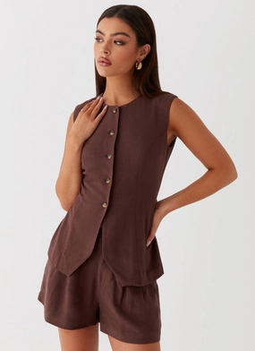 Born For Bordeaux Linen Vest - Brown DoubleStitchSeams Convertible Cuff System