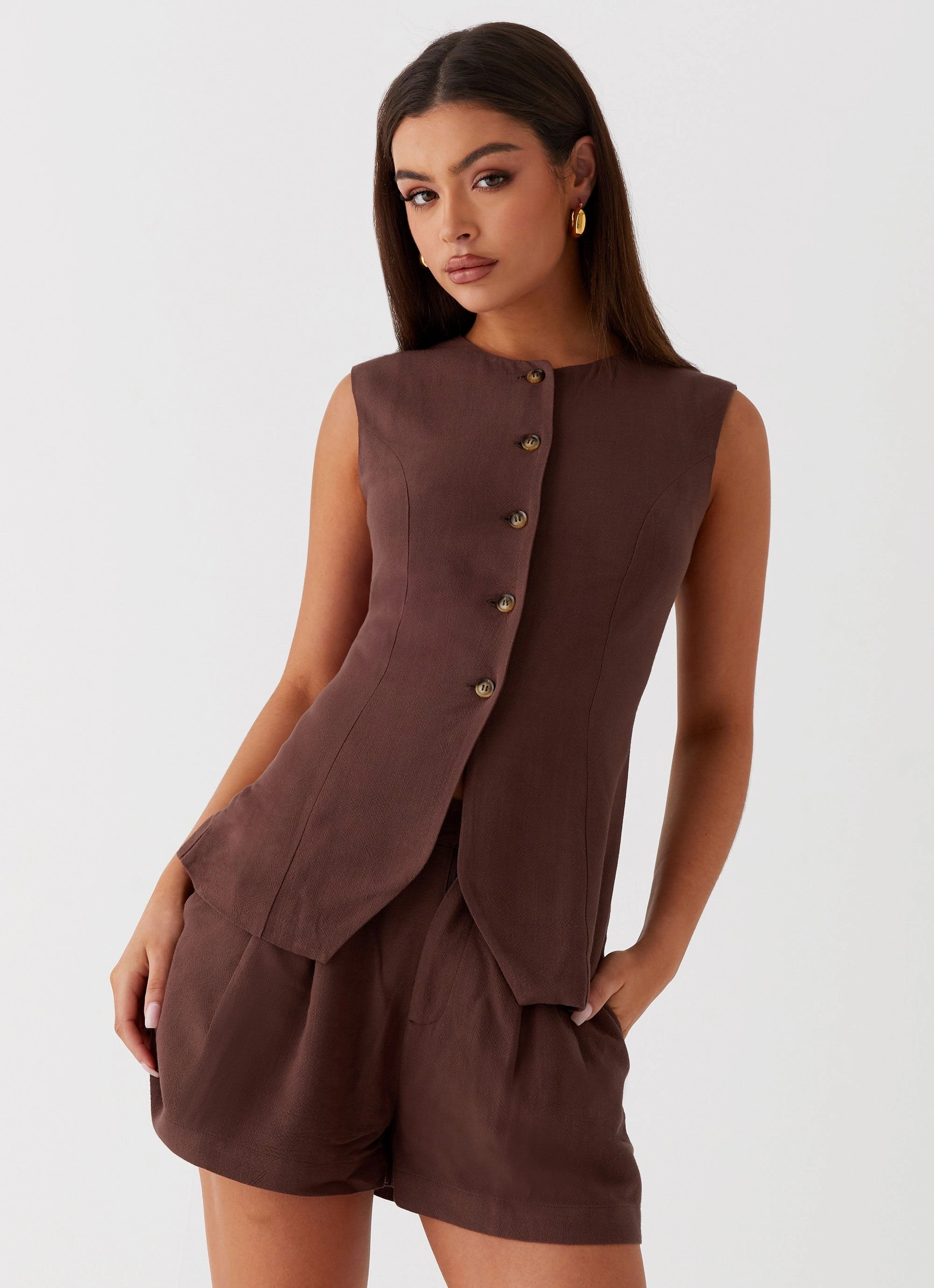 Born For Bordeaux Linen Vest - Brown Cold Season