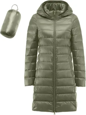 Bourund Women's Packable Warm Waterproof Puffer Jacket Hooded Windproof Winter Long Coat Lightweight Down Jackets Outerwear