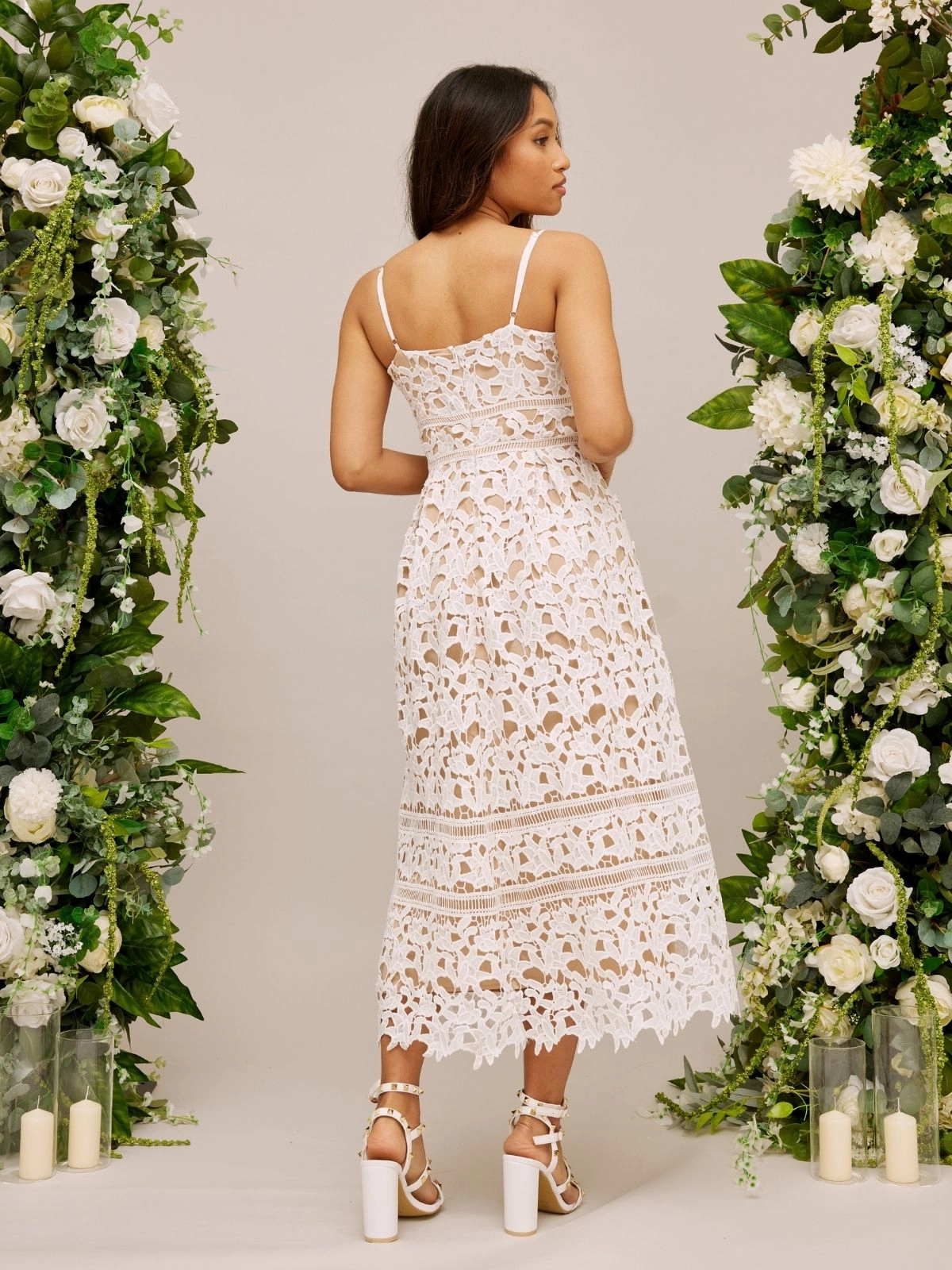 Lace Strappy Midi Bridal Dress / White Soft Waist
