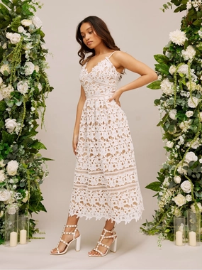 Lace Strappy Midi Bridal Dress / White Cool Texture