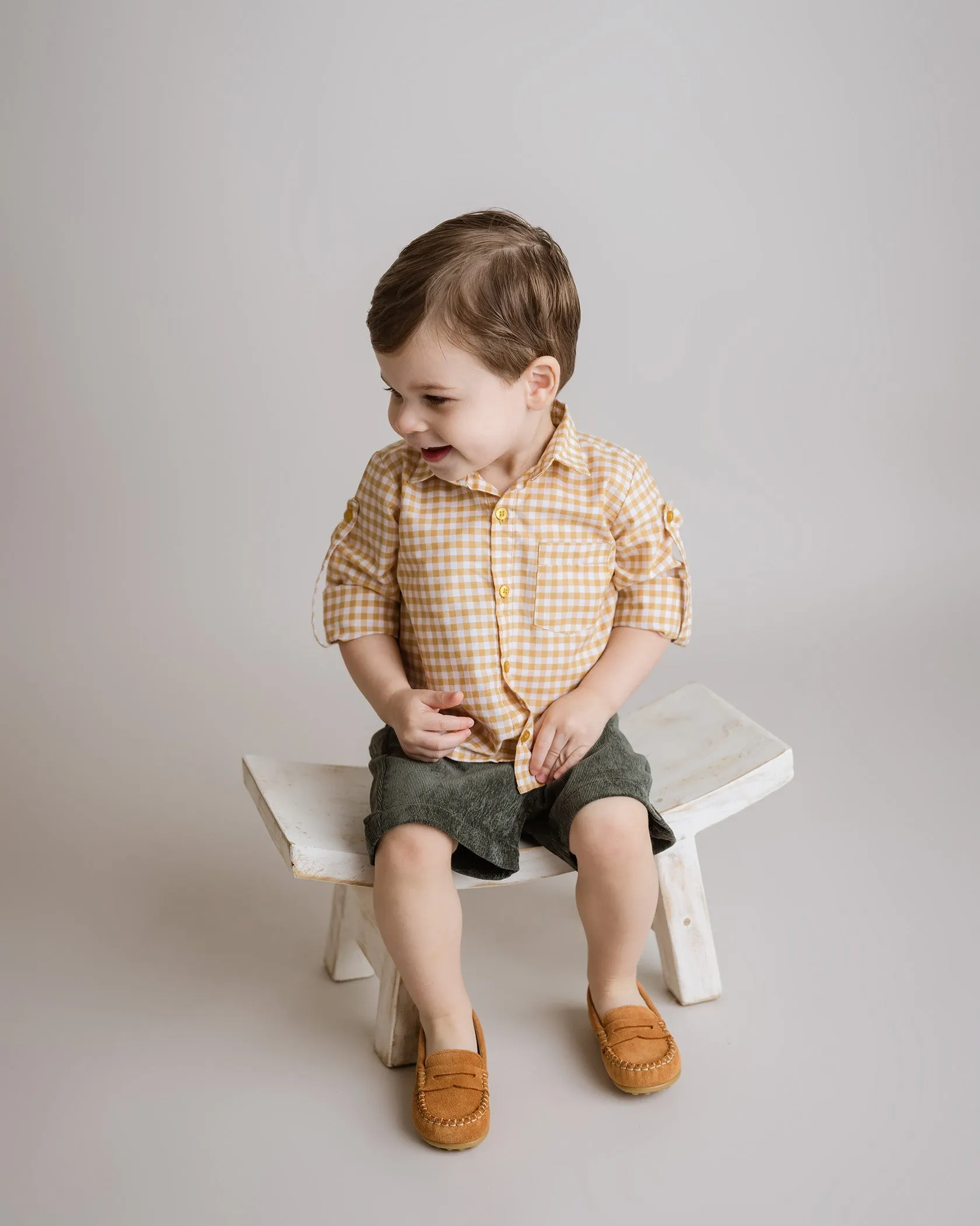 Boys Yellow Gingham Button Down Shirt