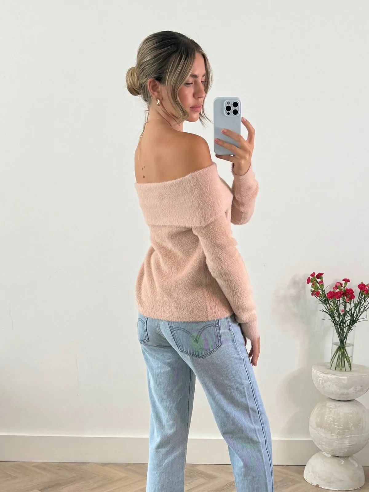 Kitti Fluffy Bardot Top / Pink Soft touch finish Warm Classic
