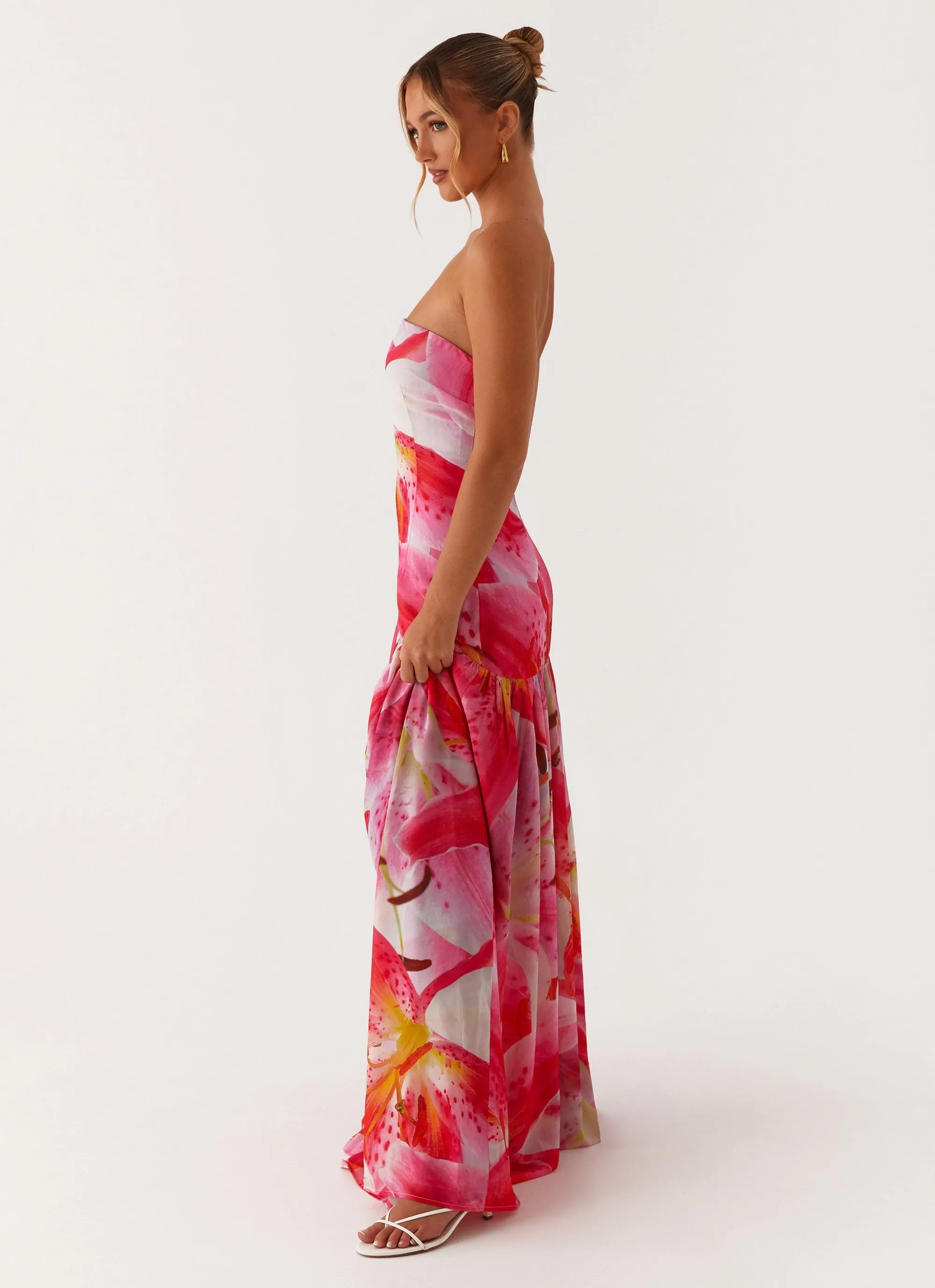Modern Fit Easy Drape Eden Strapless Maxi Dress - White Pink Lilly