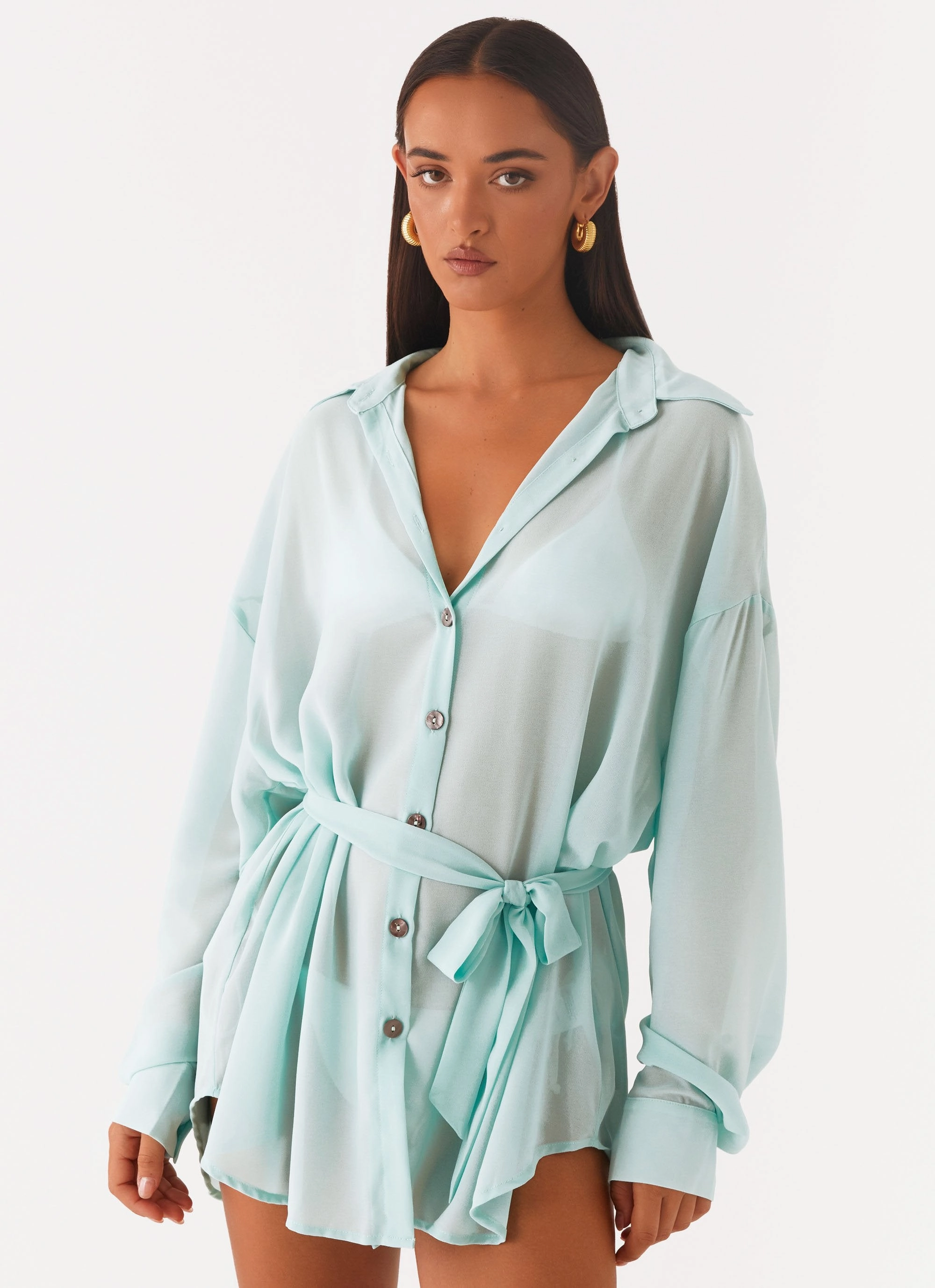 Layered Design Miley Oversized Chiffon Shirt - Pale Blue
