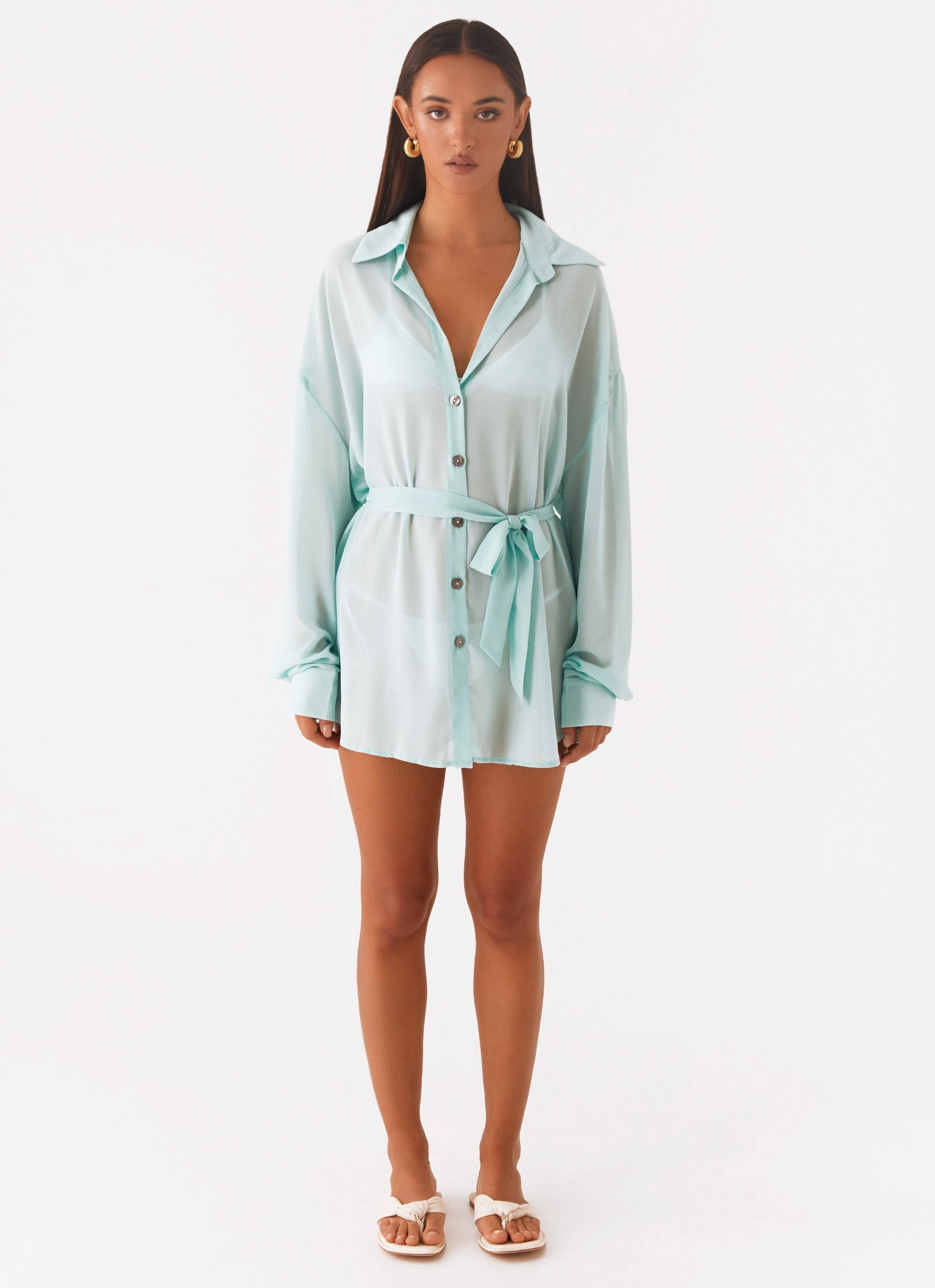Summer Camp Lightweight Layers Miley Oversized Chiffon Shirt - Pale Blue