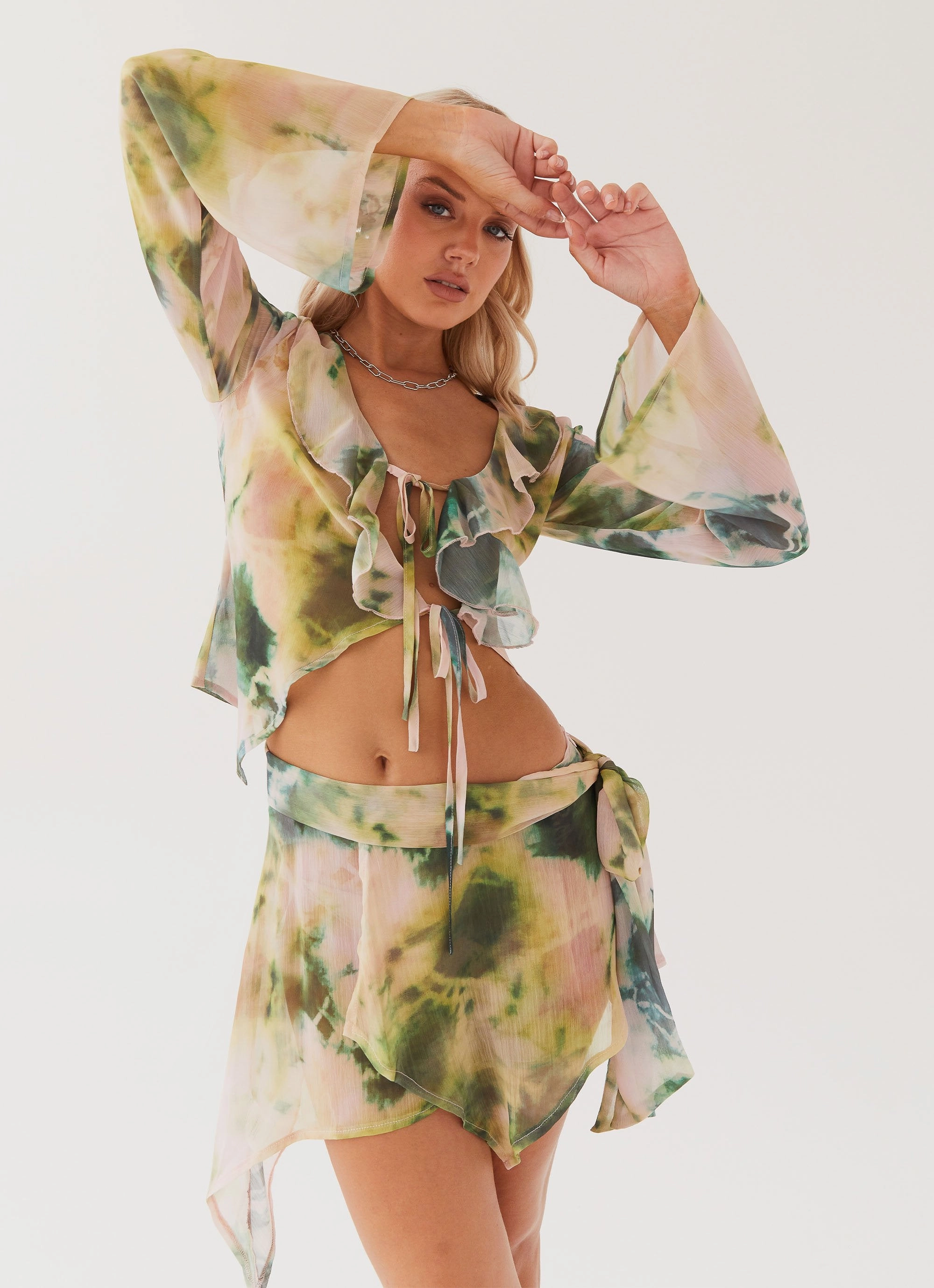 Layered Neckline Double Breasted Sariah Tie Long Sleeve Top - Rainforest
