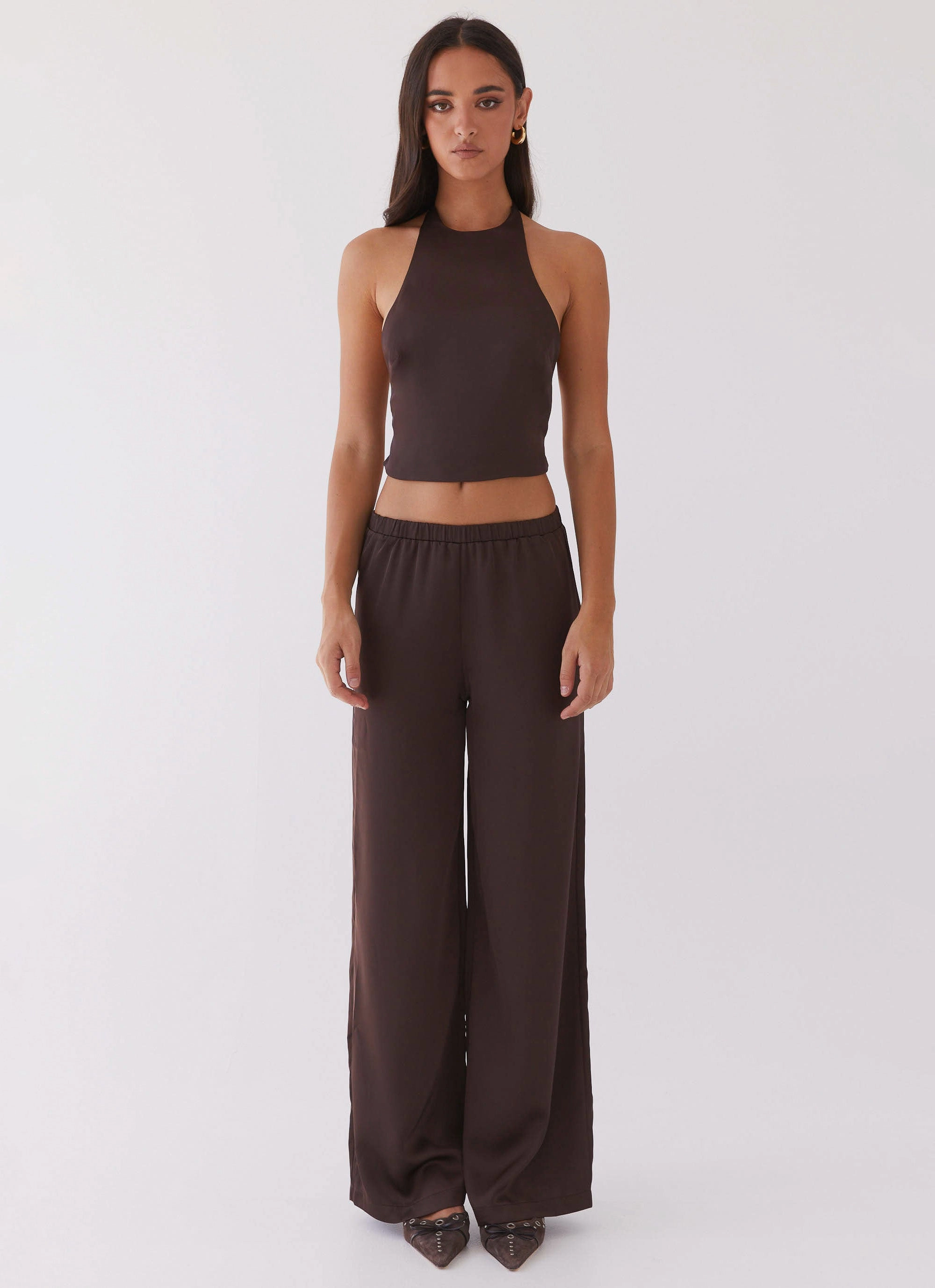 Bree Satin Halterneck Top - Brown LowMaintenance Flexible Waistband