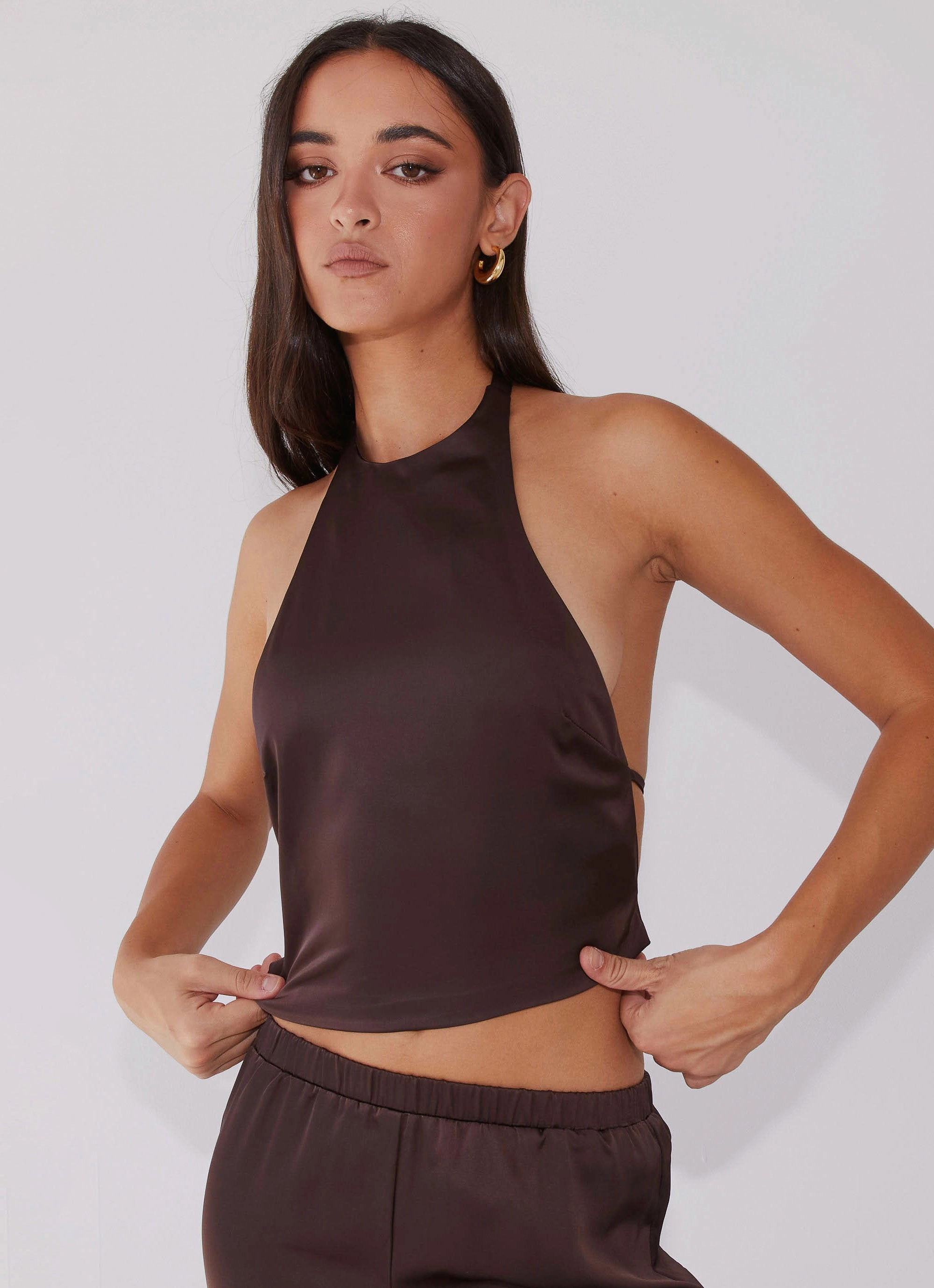PlushLining Bree Satin Halterneck Top - Brown