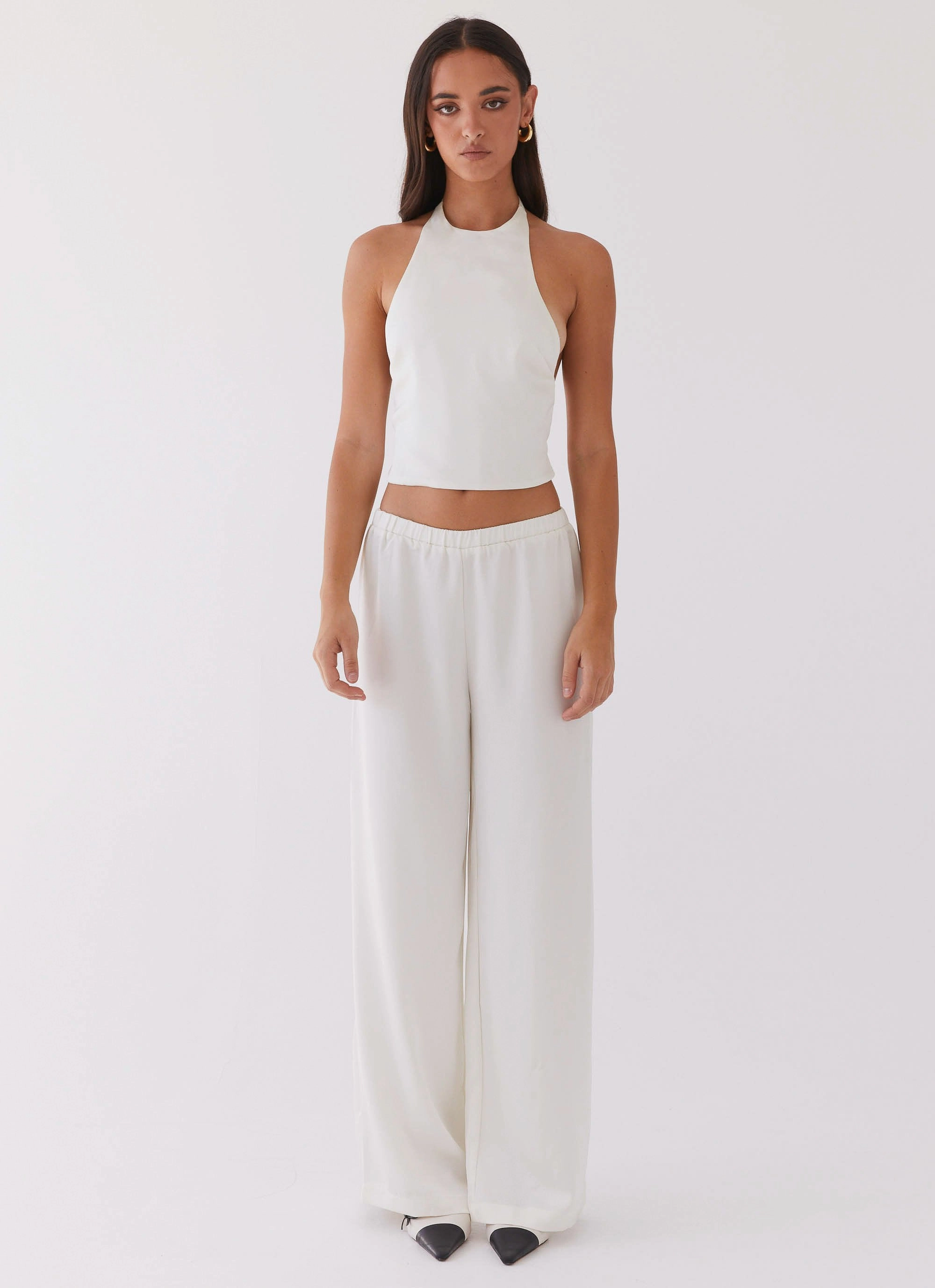 High Waist Fit Vibe Bree Satin Halterneck Top - Pearl