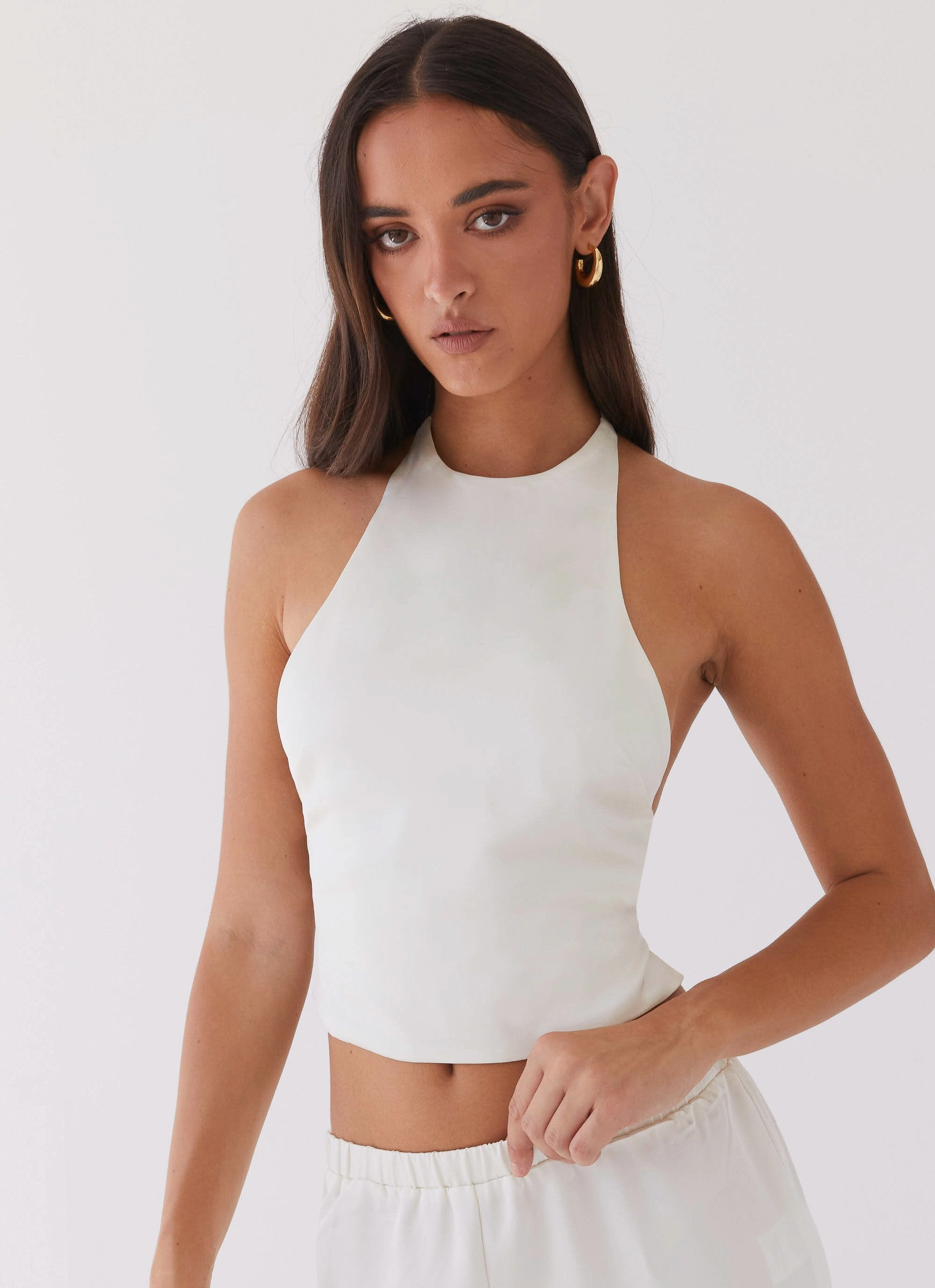 Bree Satin Halterneck Top - Pearl Sophisticated Cut Smooth Feel