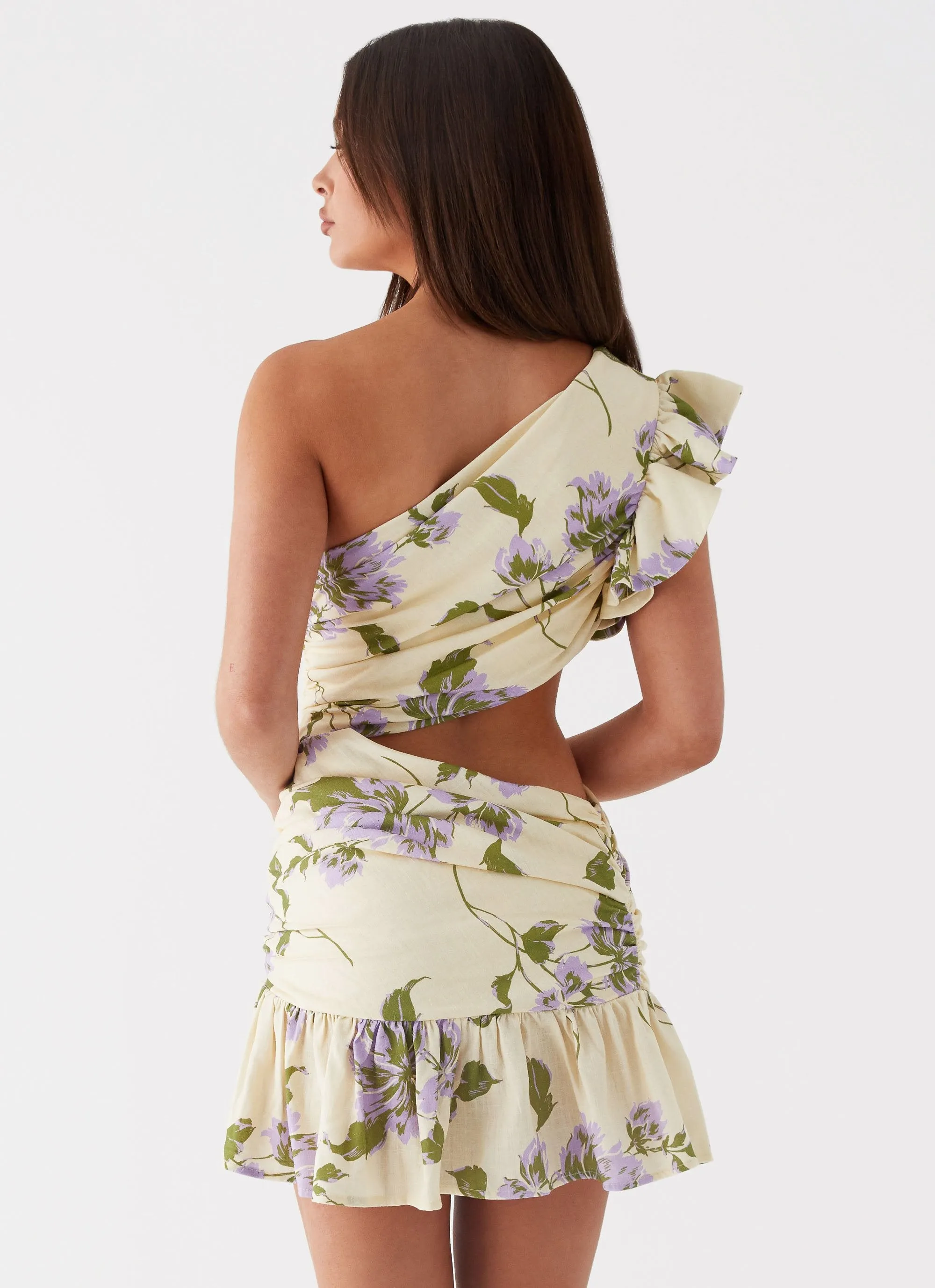 Zip-Closure Floral Outro Linen Mini Dress - Yellow Purple Floral