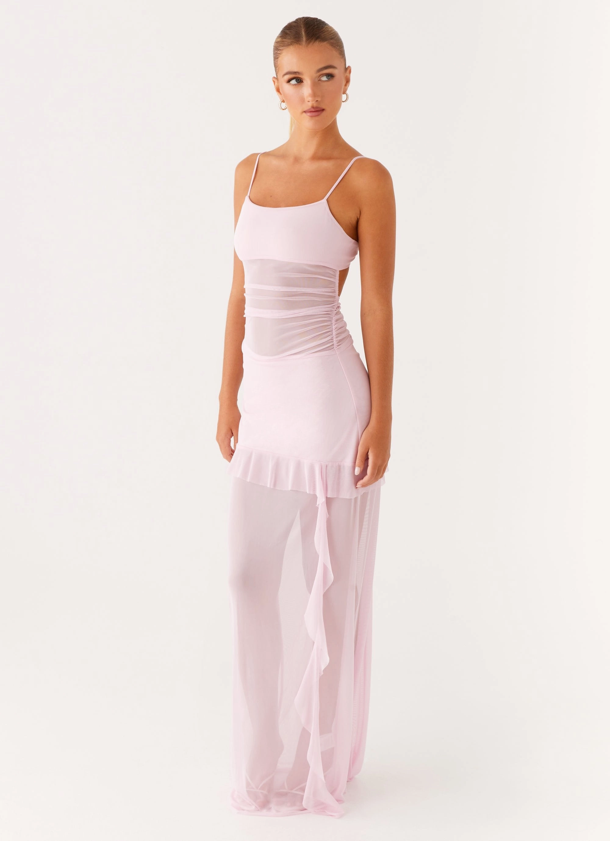 Trendy Tailoring Shiny Zip Jenni Ruffle Maxi Dress - Pink