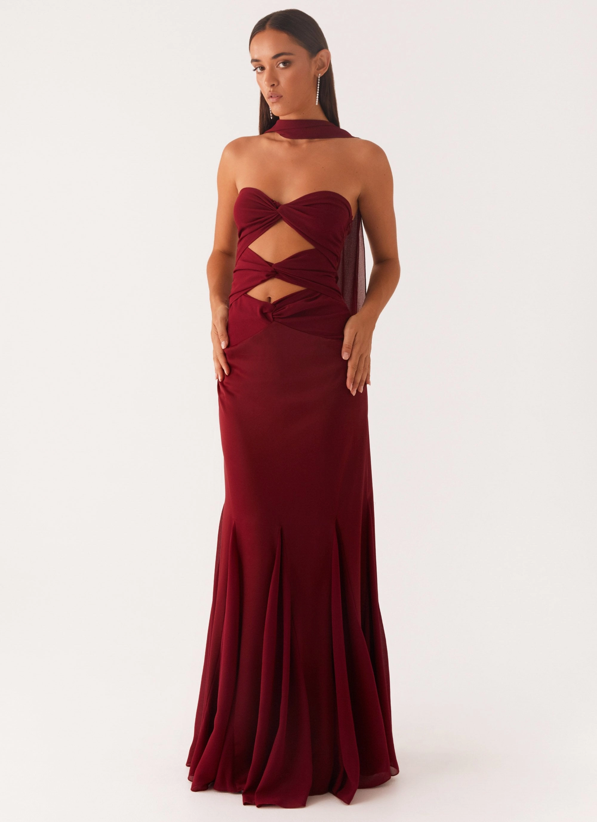 Relaxed Wear Clean Stitch Melrose Satin Chiffon Maxi Dress - Deep Red