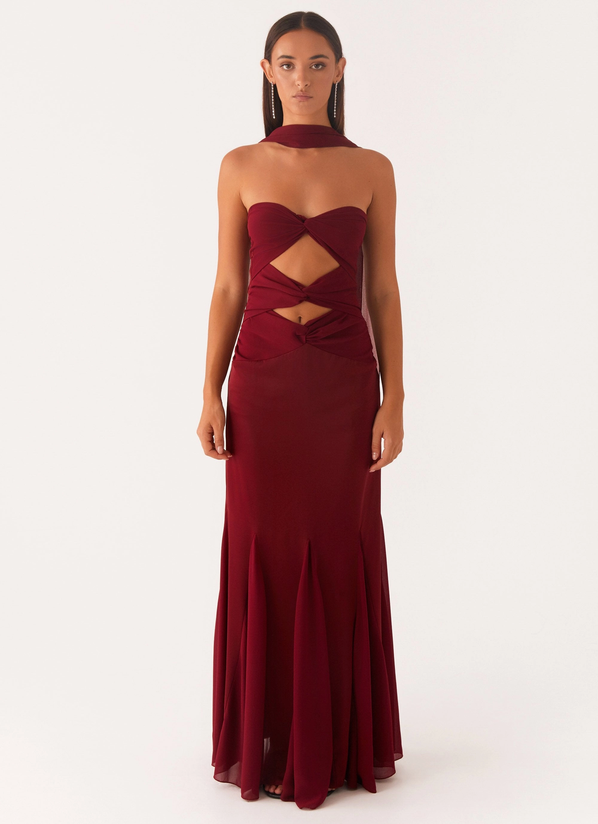 Melrose Satin Chiffon Maxi Dress - Deep Red Shared Glow Clear Blush
