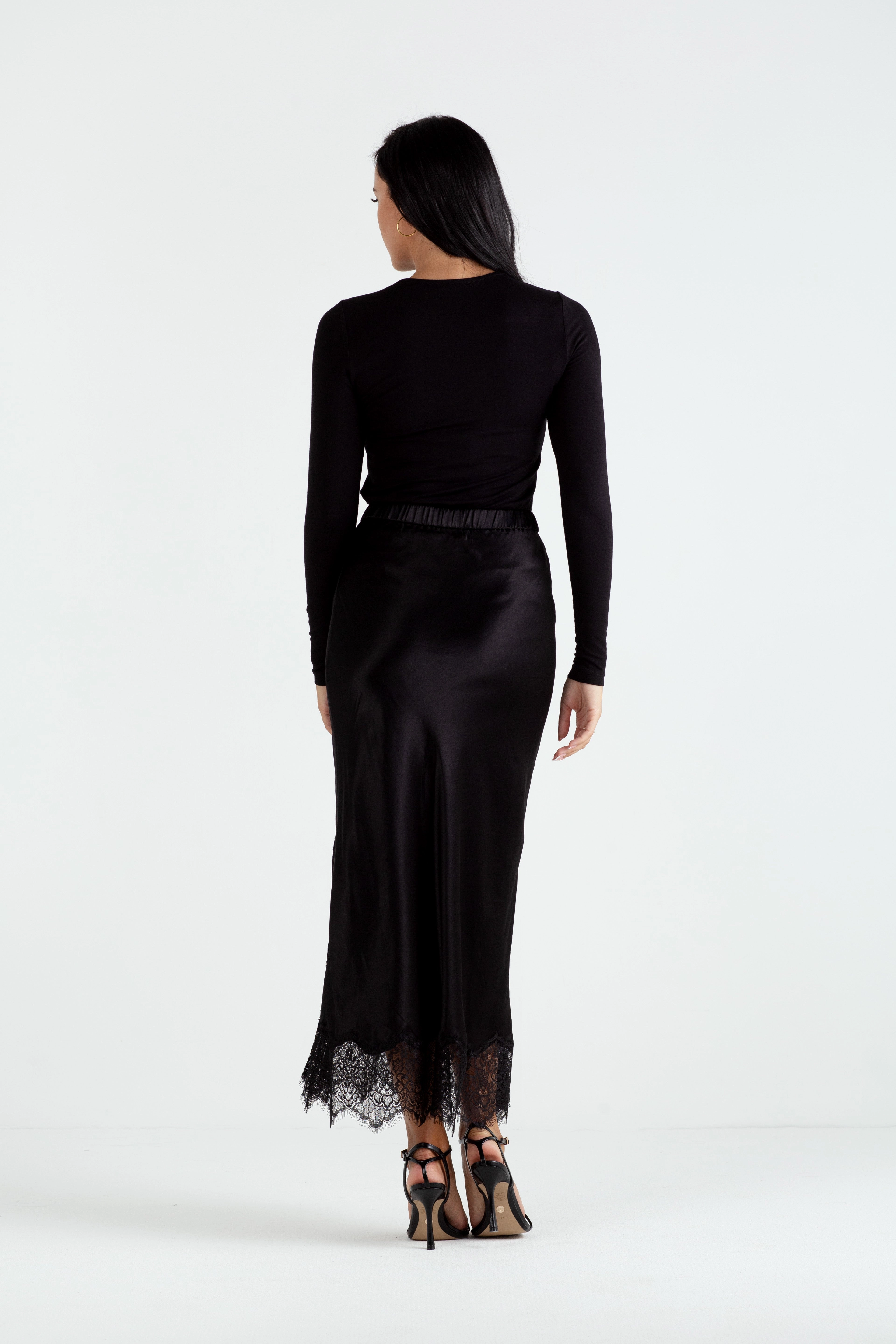 Body Confidence Calm Shine "The Orla" - Satin Lace Midi Skirt (Black)