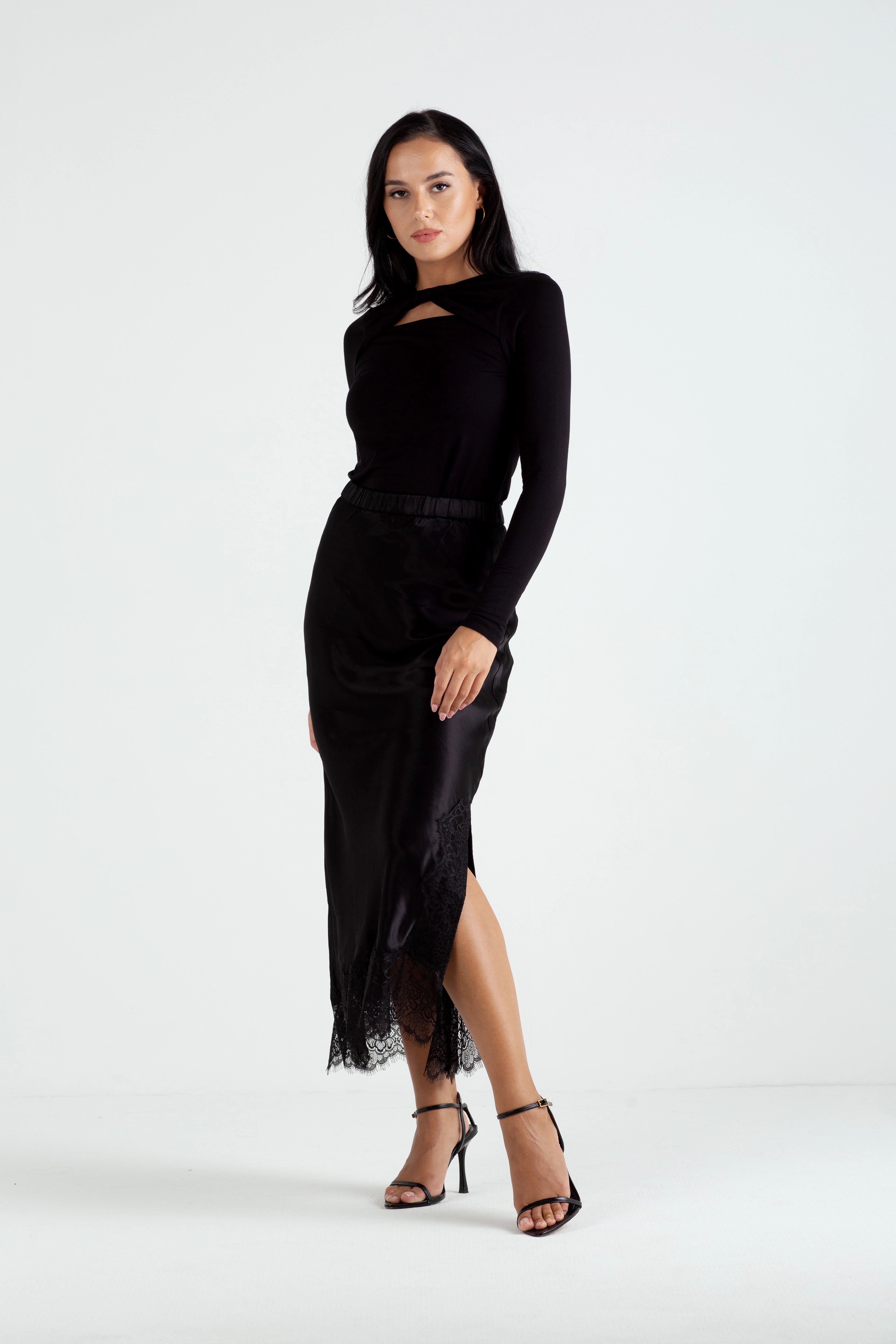 TearResistantFabric "The Orla" - Satin Lace Midi Skirt (Black)
