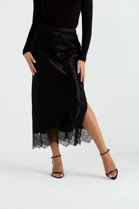 "The Orla" - Satin Lace Midi Skirt (Black) Silky Movement