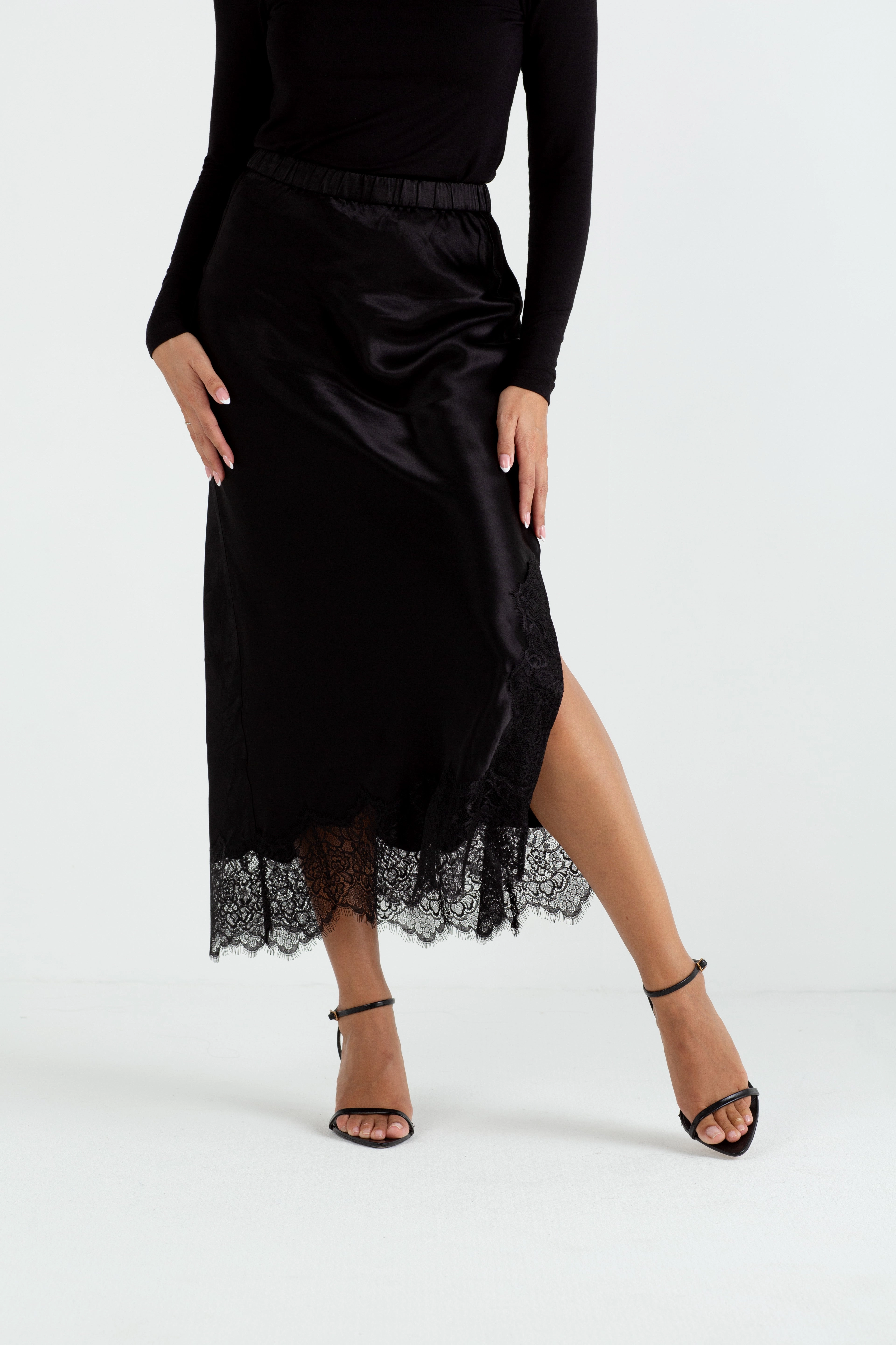 "The Orla" - Satin Lace Midi Skirt (Black) Back-Zip Urban Feel