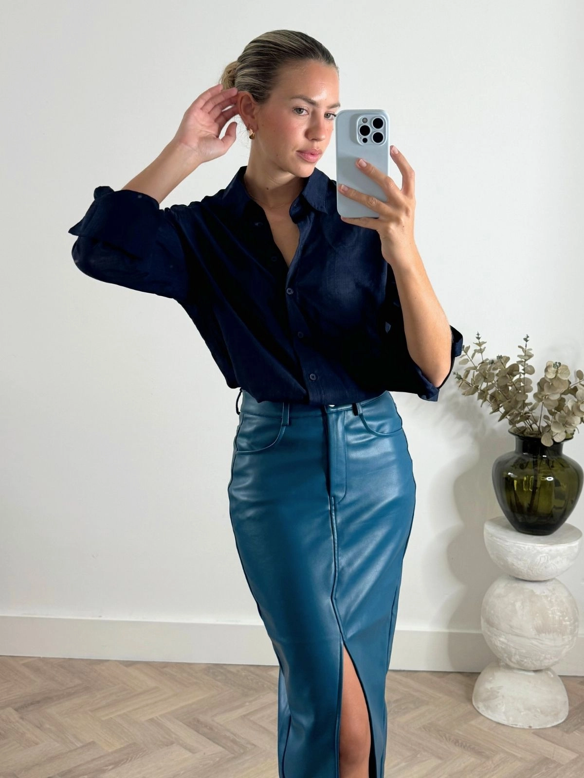 Brielle Pu Midi Skirt in Teal Fashion Week Ready Fashion Mood