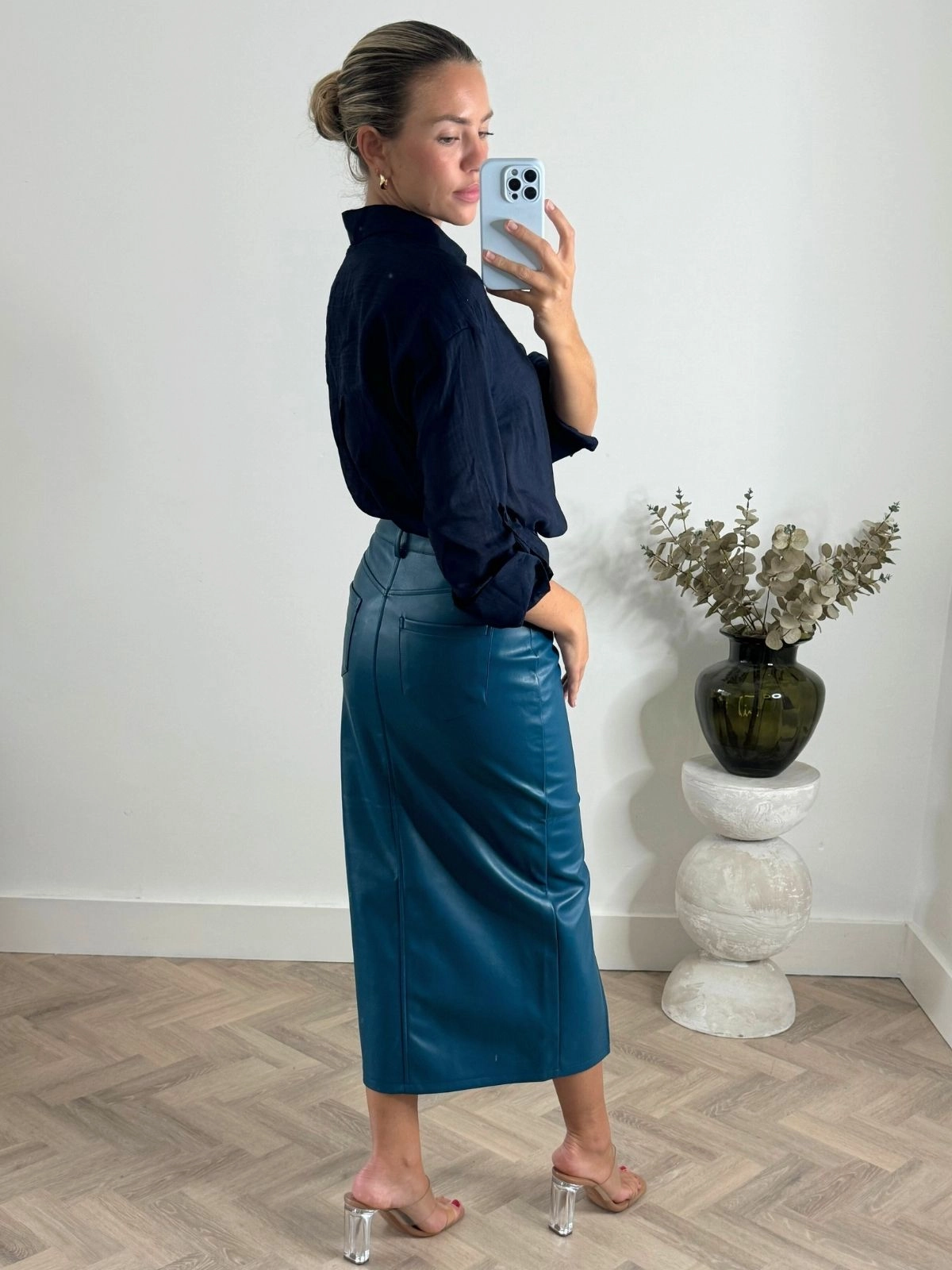 Brielle Pu Midi Skirt in Teal Tie Dye Style