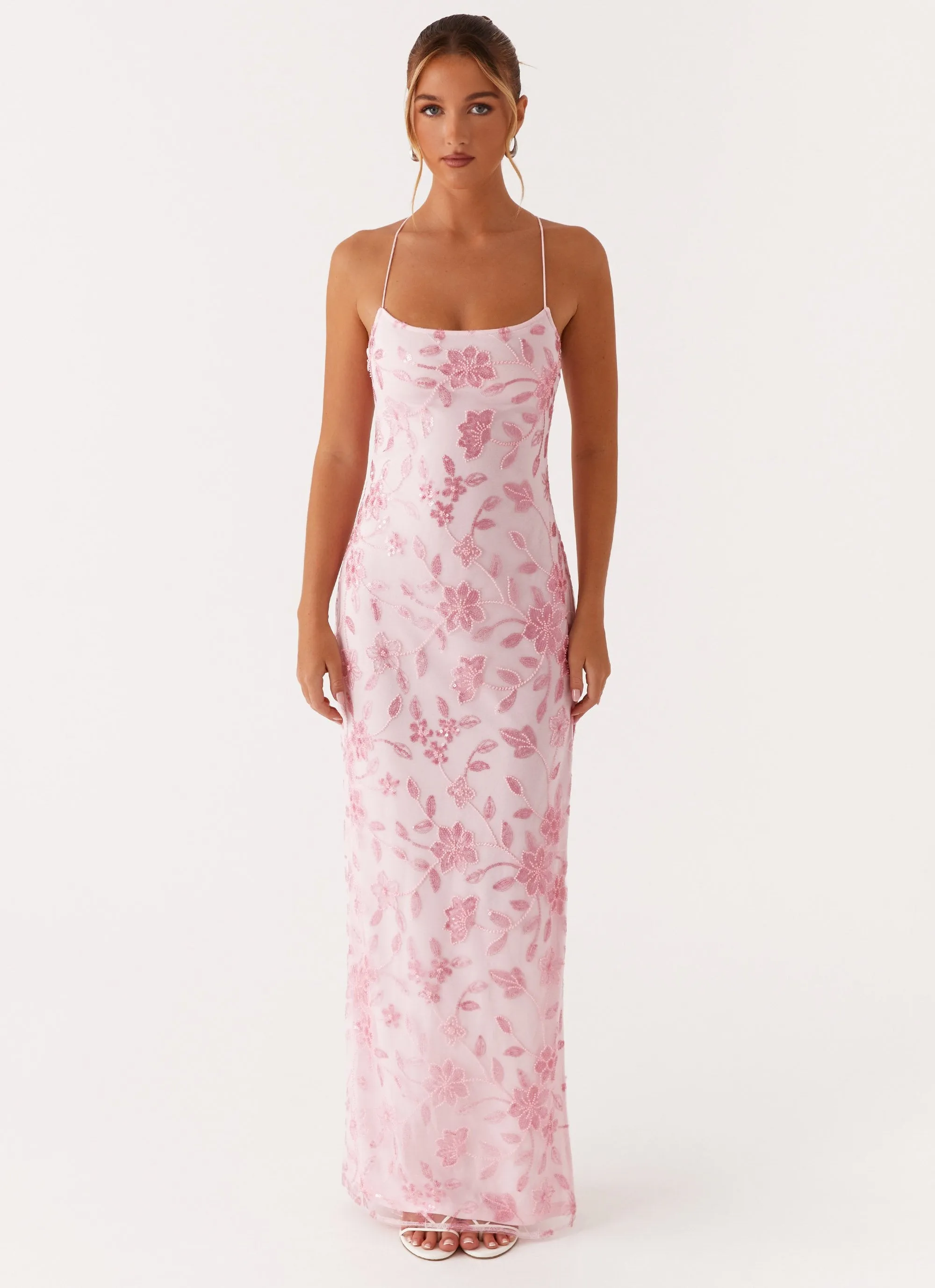 Bright Lights Beaded Maxi Dress - Pink Tailored Cut Whimsical Mood