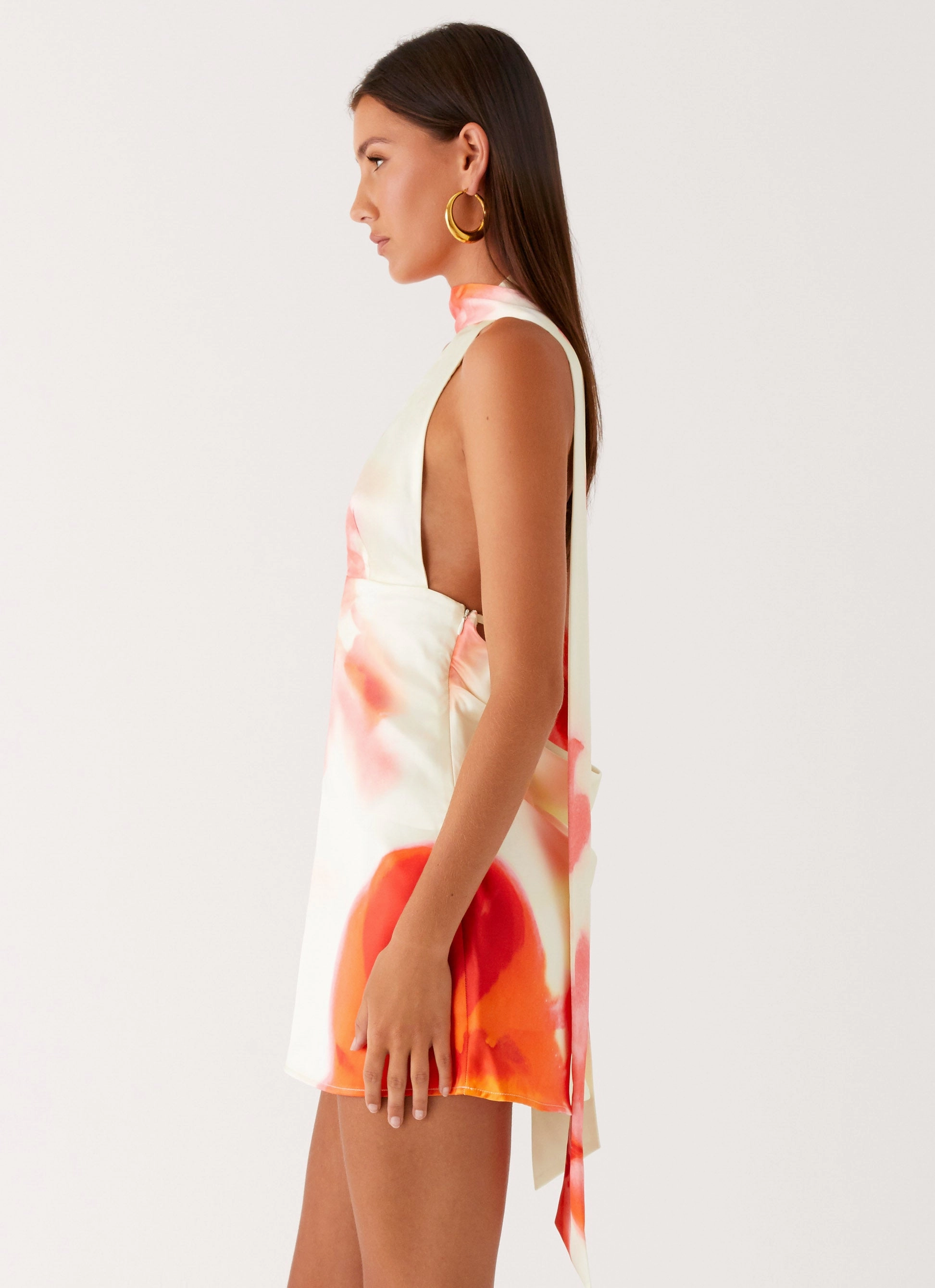 Alicia Satin Halter Mini Dress - Mimosa Blossom Off-Shoulder