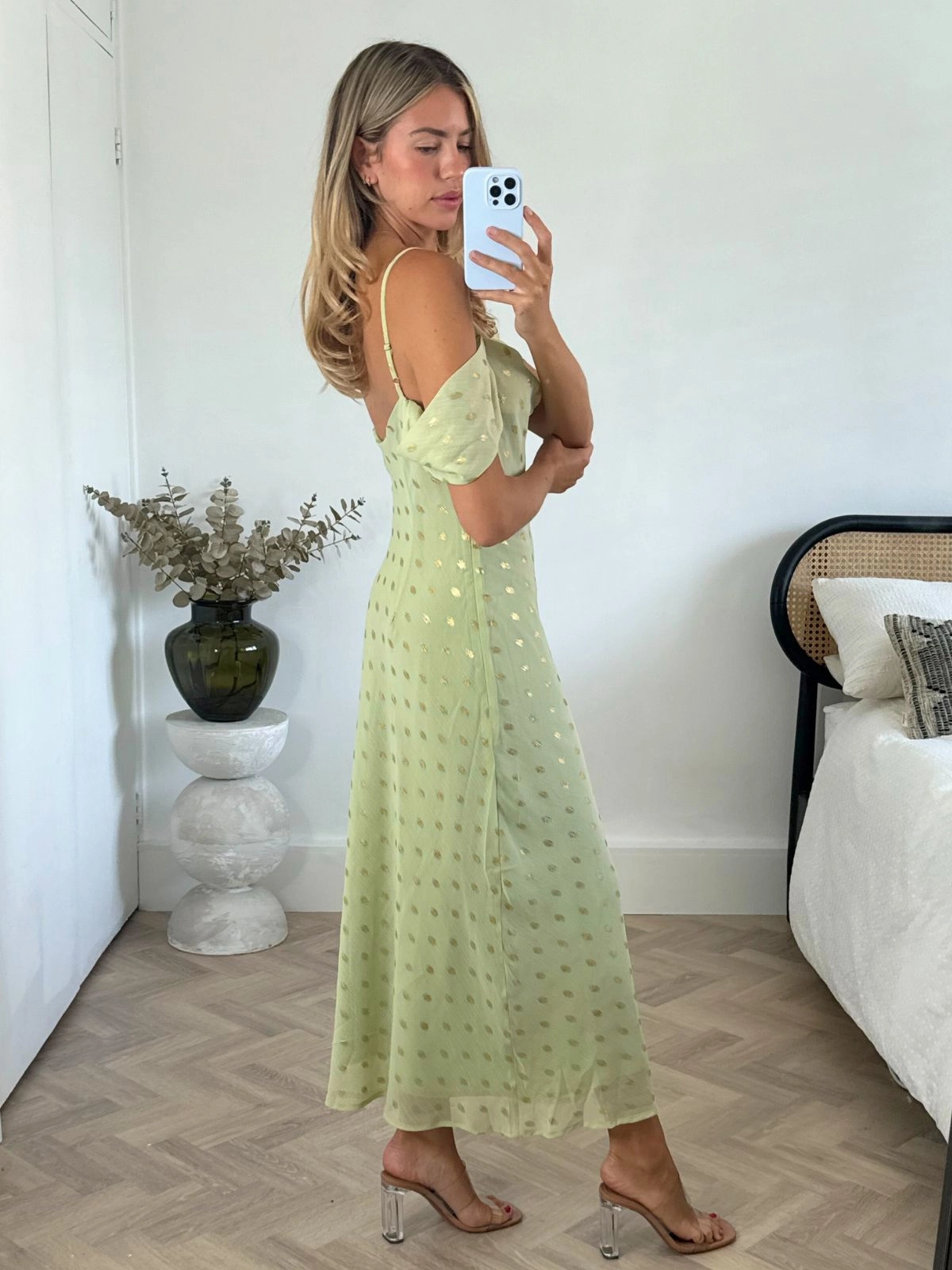 Modern Appearance Brylee Cowl Neck Cold Shoulder Midaxi Dress in Sage & Gold