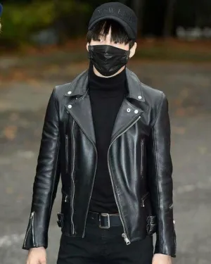 BTS Suga Black Biker Leather Jacket