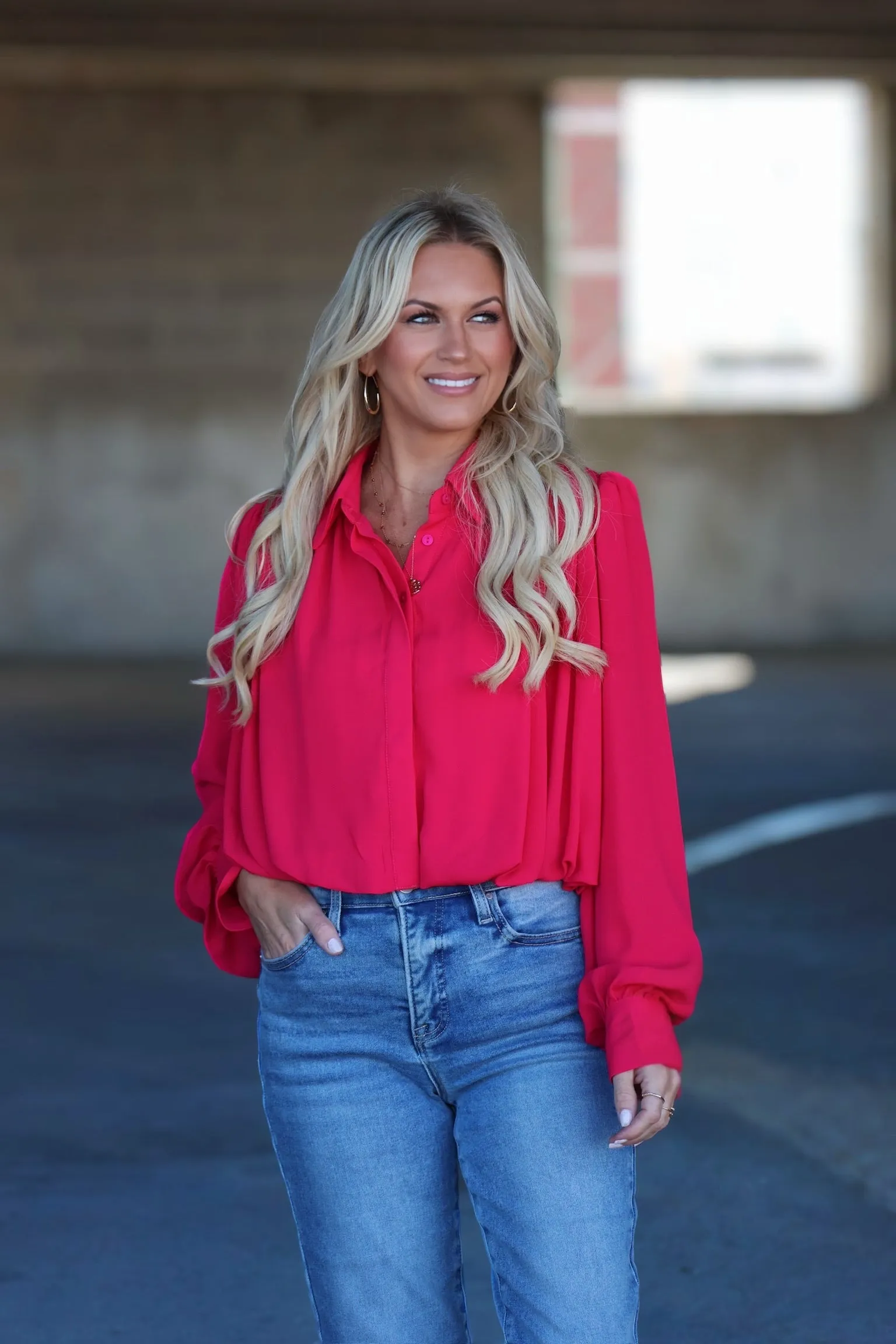 Bubble Blouse- Raspberry Reflective Accent Stripes Soft Cotton