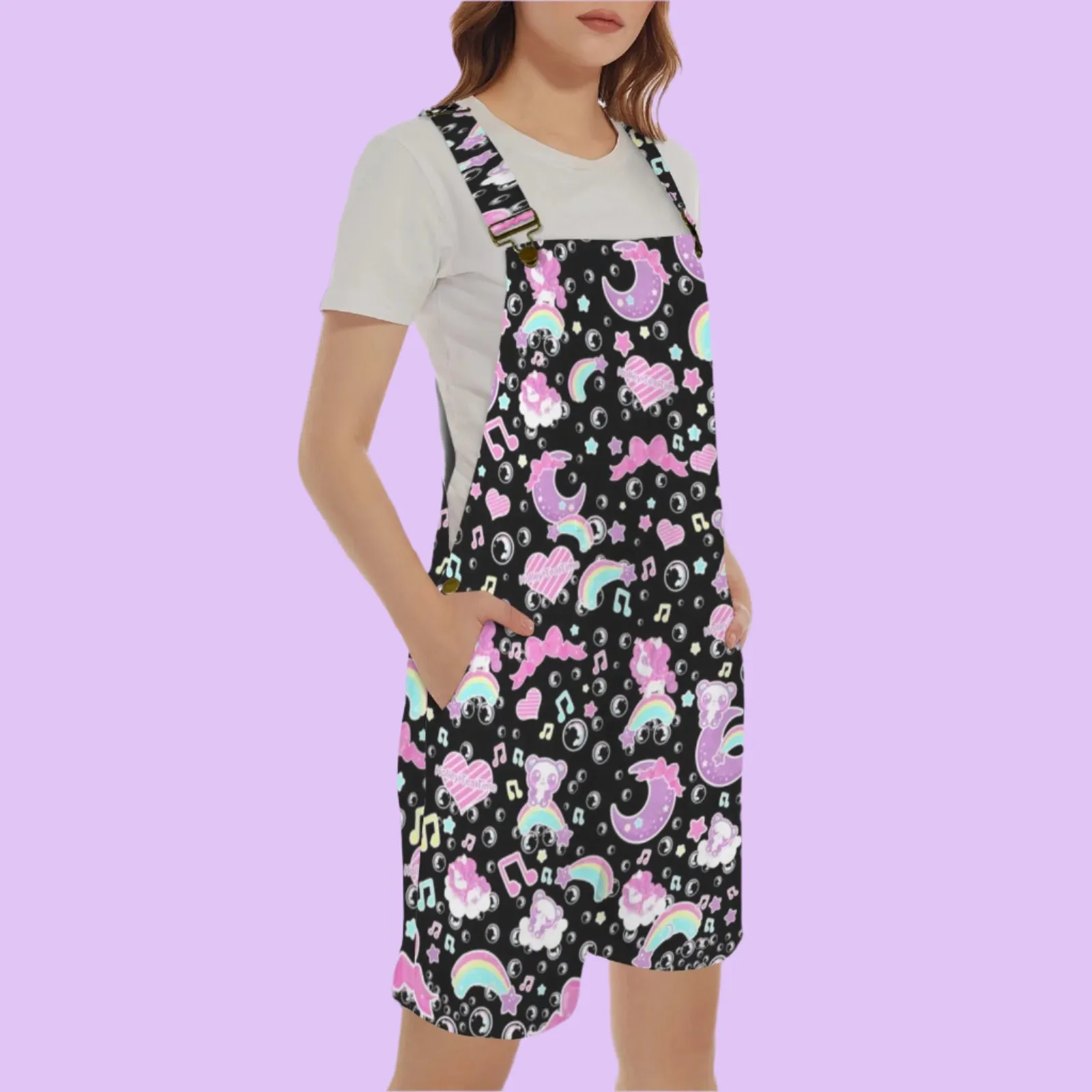 Bubbly Dreams Black Unisex Shorts Overalls With Adjustable Straps And Pockets