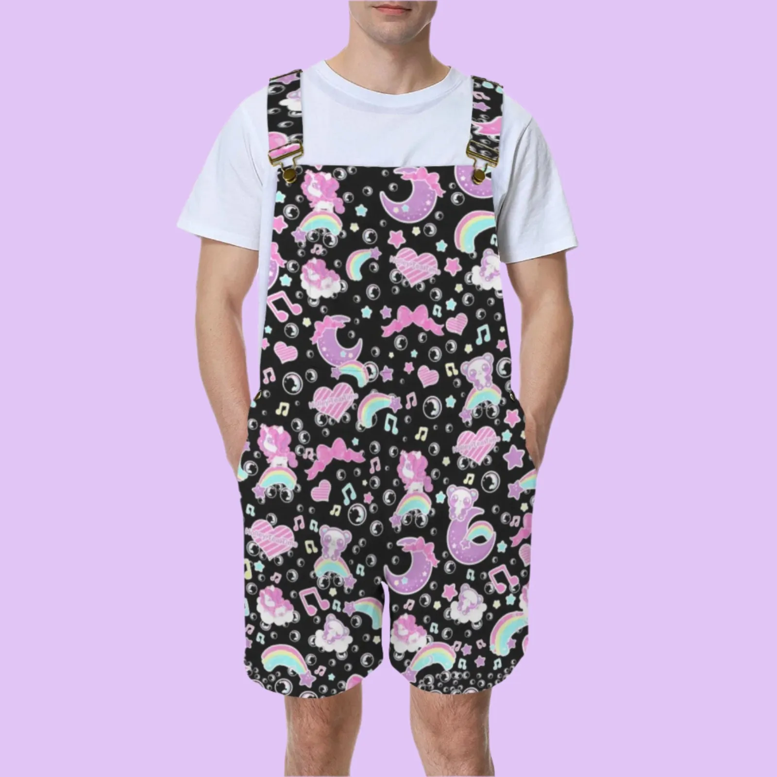 Bubbly Dreams Black Unisex Shorts Overalls With Adjustable Straps And Pockets