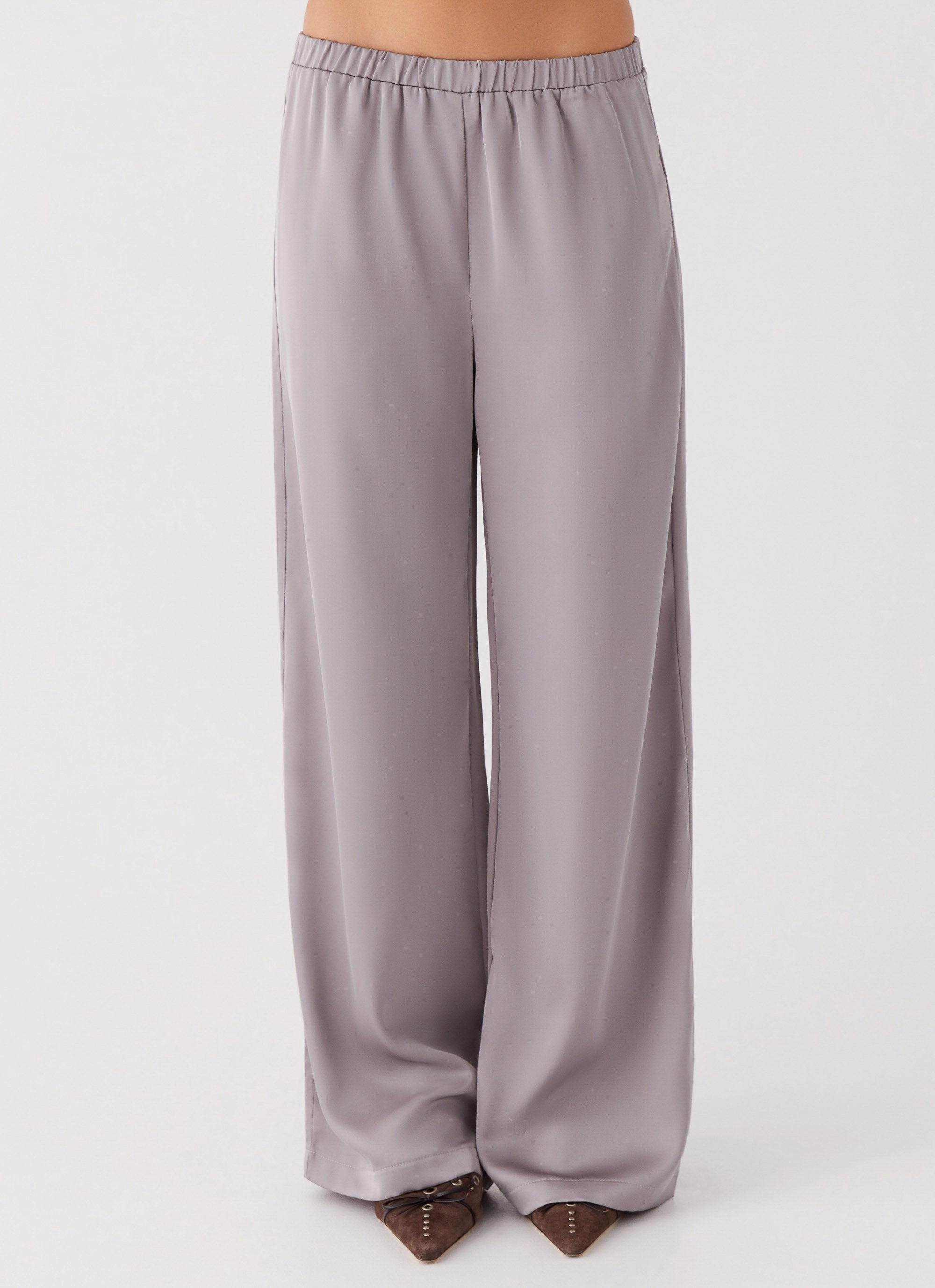 Multi Directional Zipper Placement Soft Touch Texture Palm Cove Satin Pants - Grey