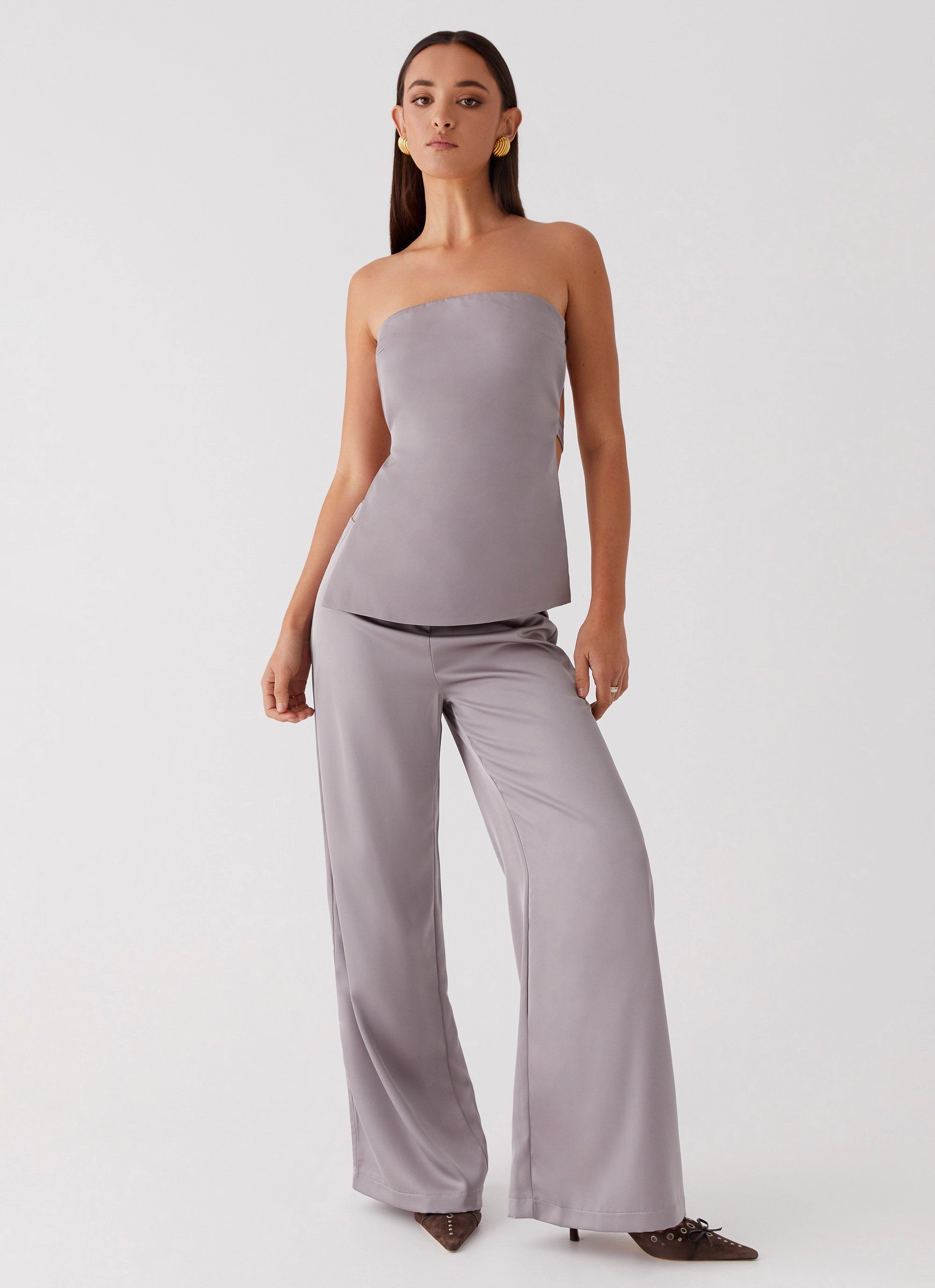 Palm Cove Satin Pants - Grey StretchMaterial Casual Long Sleeve