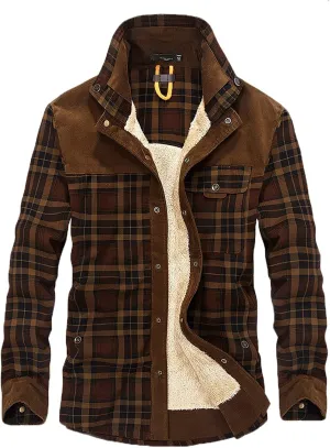 Burband Mens Long Sleeve Sherpa Fleece Flannel Shirts Button Down Berber Lined Shackets Warm Camp Shirts Plaid Jackets, 26-coffee, X-Large