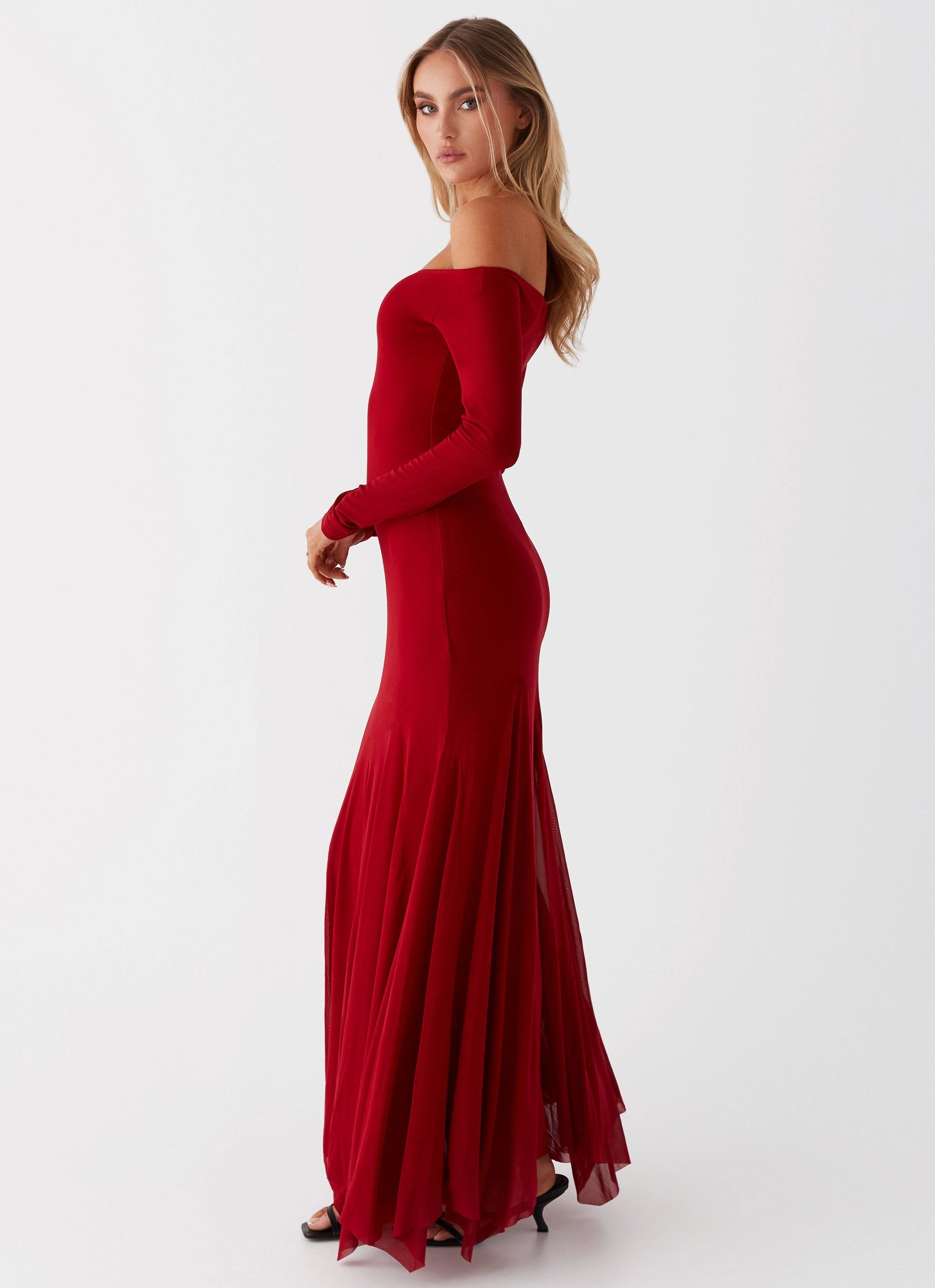 Maribel Maxi Dress - Red Lace-Sleeve