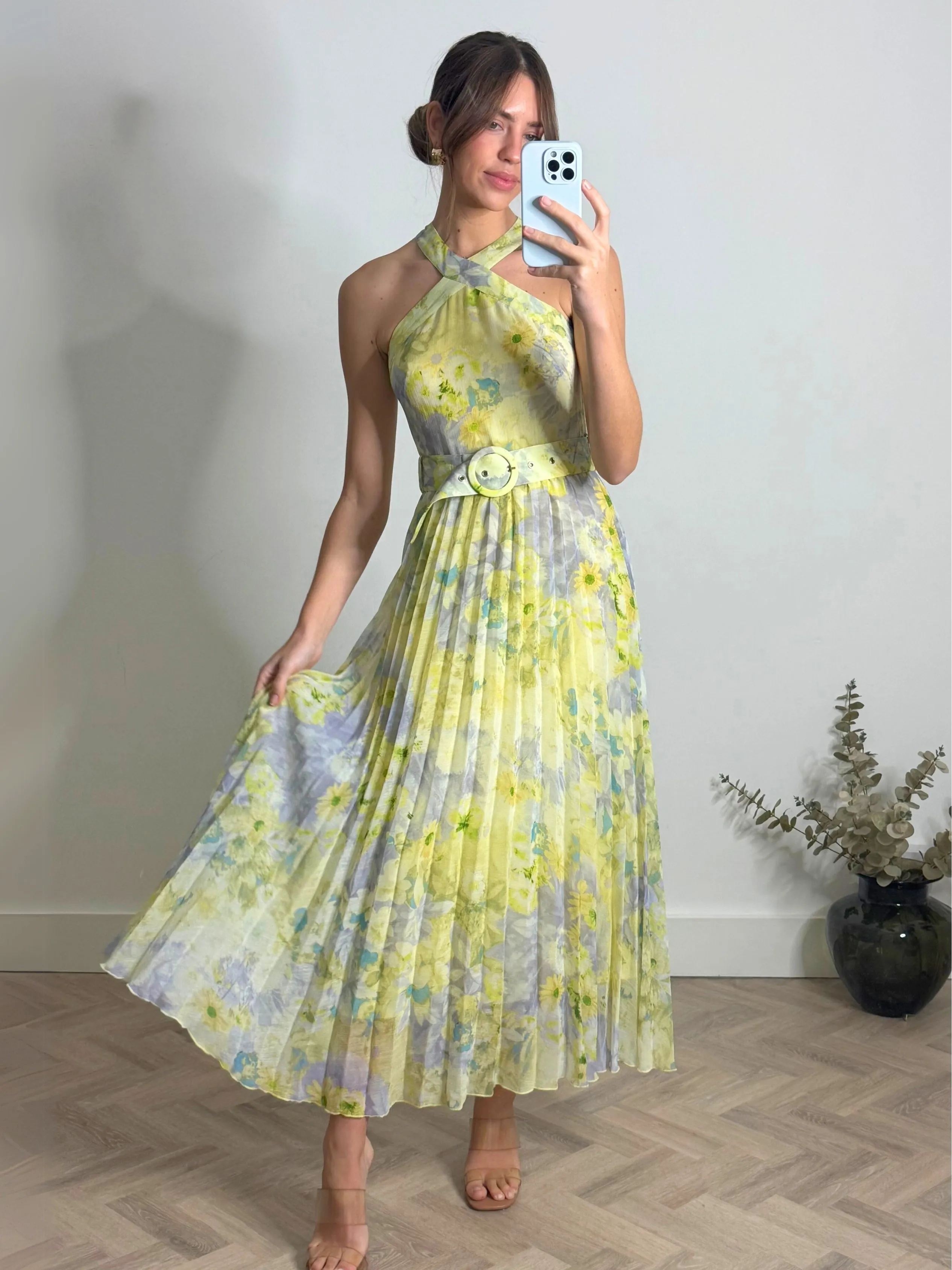 Paige Halter Pleated Belted Dress / Lemon Floral Shimmer-Finish Contrast-Lining