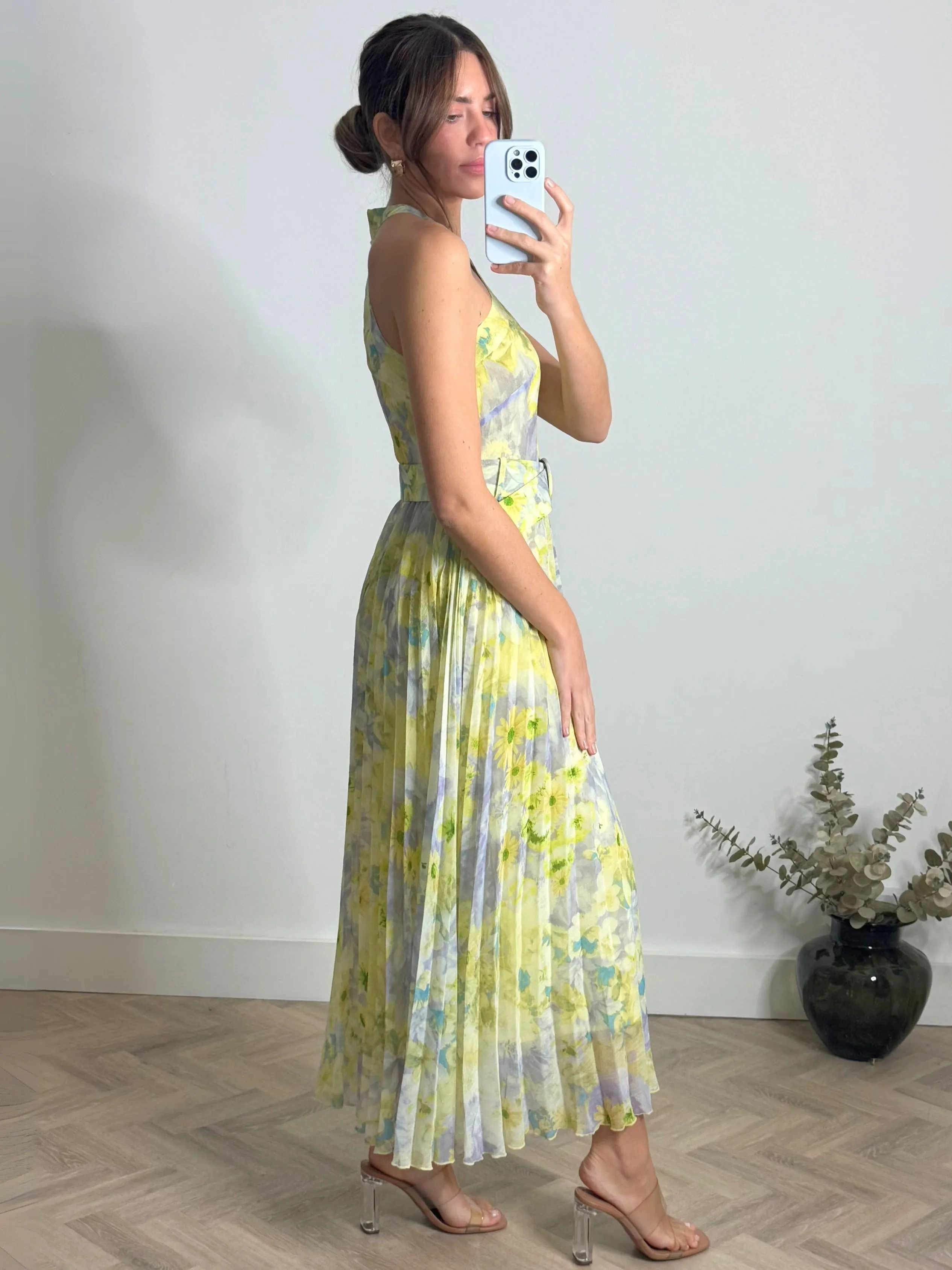 Slender Look Paige Halter Pleated Belted Dress / Lemon Floral