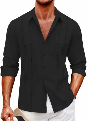 Button Down Shirts Men Long Sleeve Dress Shirts Wrinkle Free Cuban Guayabera Shirts Vacation Casual Beach Shirts