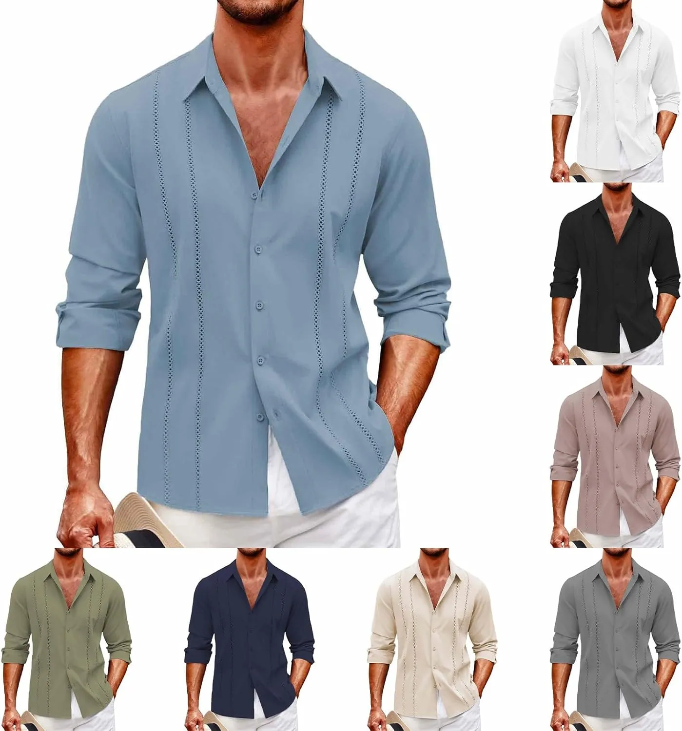 Button Down Shirts Men Long Sleeve Dress Shirts Wrinkle Free Cuban Guayabera Shirts Vacation Casual Beach Shirts