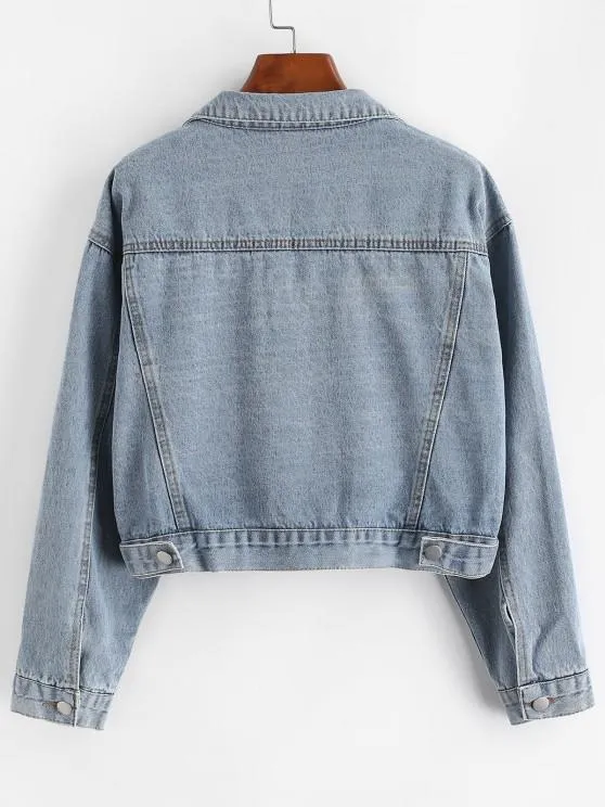 Button Up Zippered Hem Denim Jacket for Women