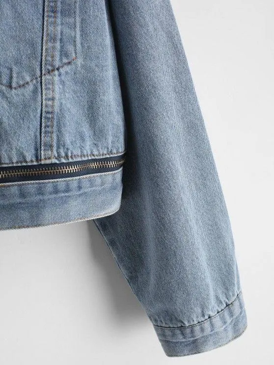 Button Up Zippered Hem Denim Jacket for Women