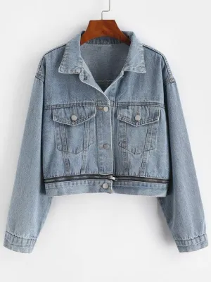 Button Up Zippered Hem Denim Jacket for Women