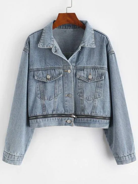 Button Up Zippered Hem Denim Jacket for Women
