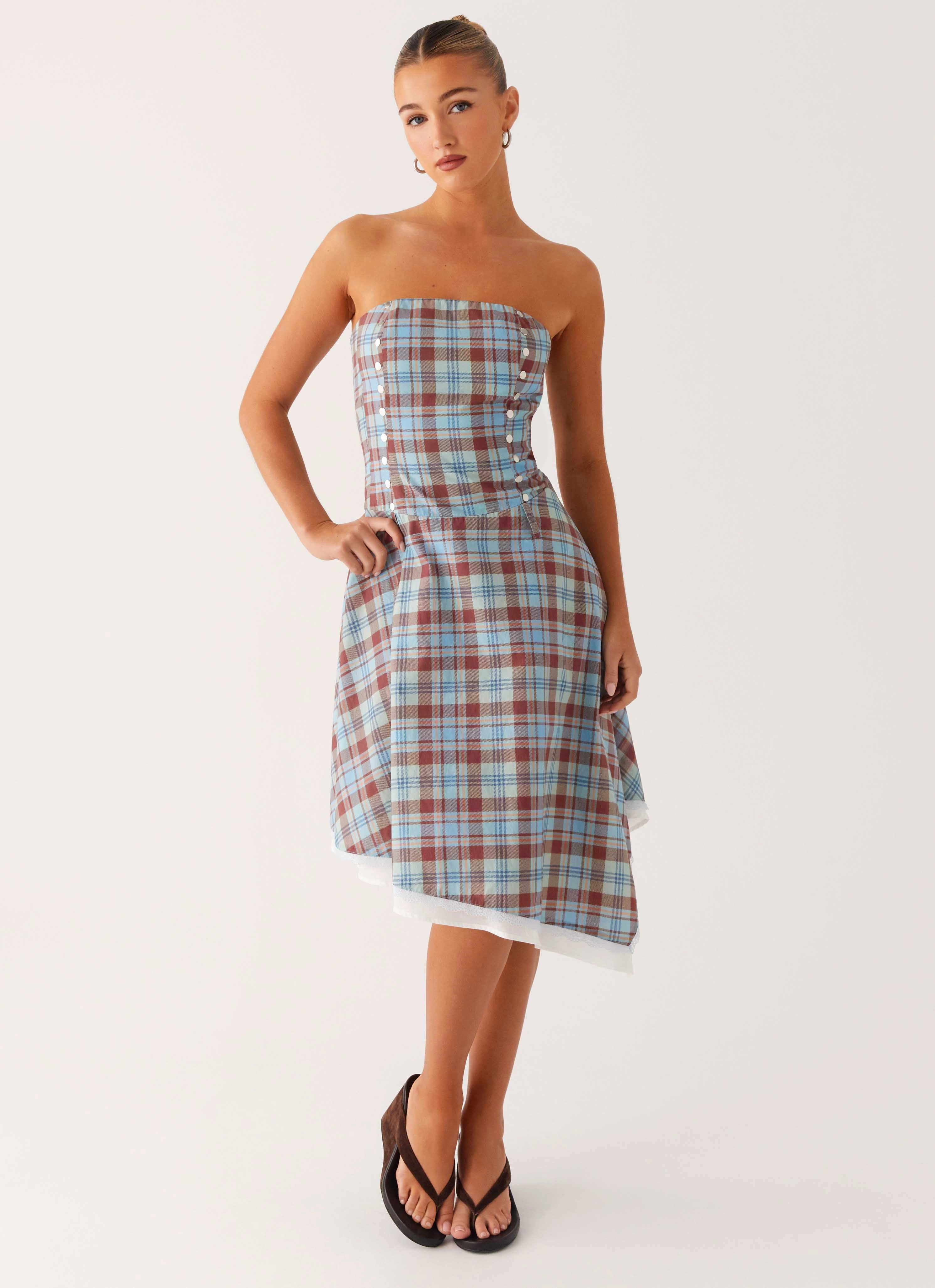Tonie Strapless Midi Dress - Shoreline Check Clean Style