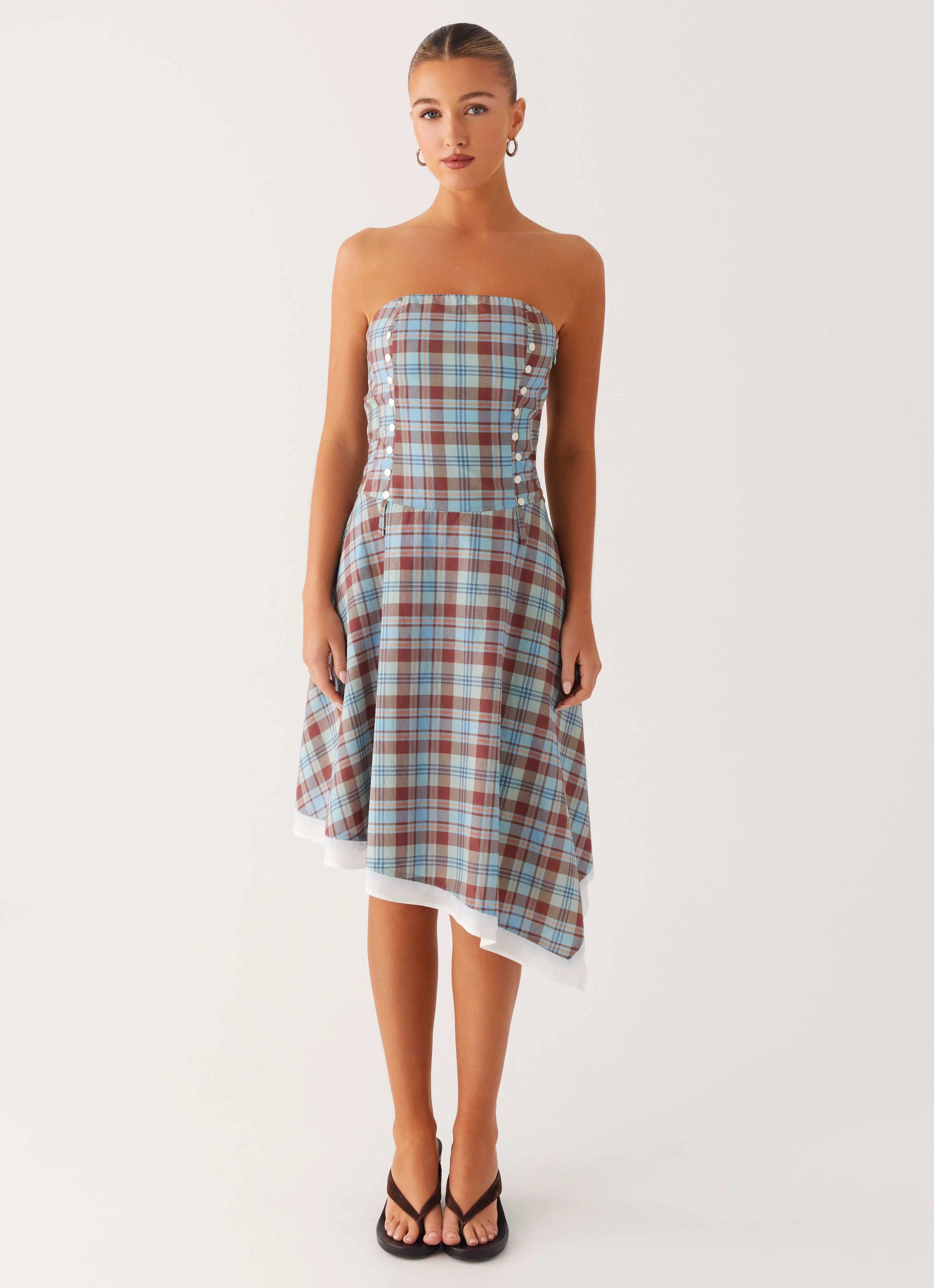 Tonie Strapless Midi Dress - Shoreline Check Layered Comfort