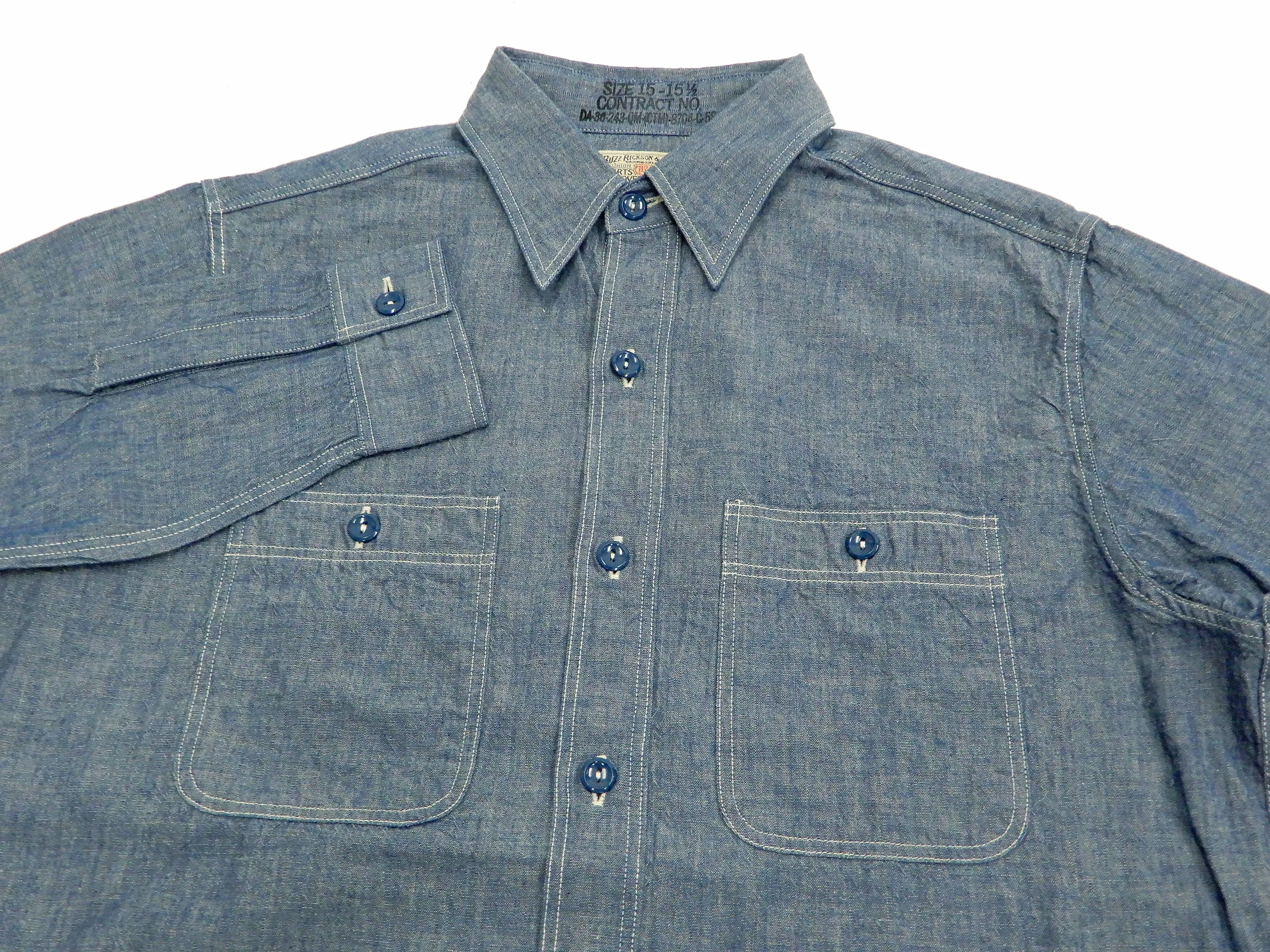 Buzz Rickson Chambray Shirt Men's U.S. Navy Military Style Plain Long Sleeve Button Up Shirt BR25995 Blue Chambray
