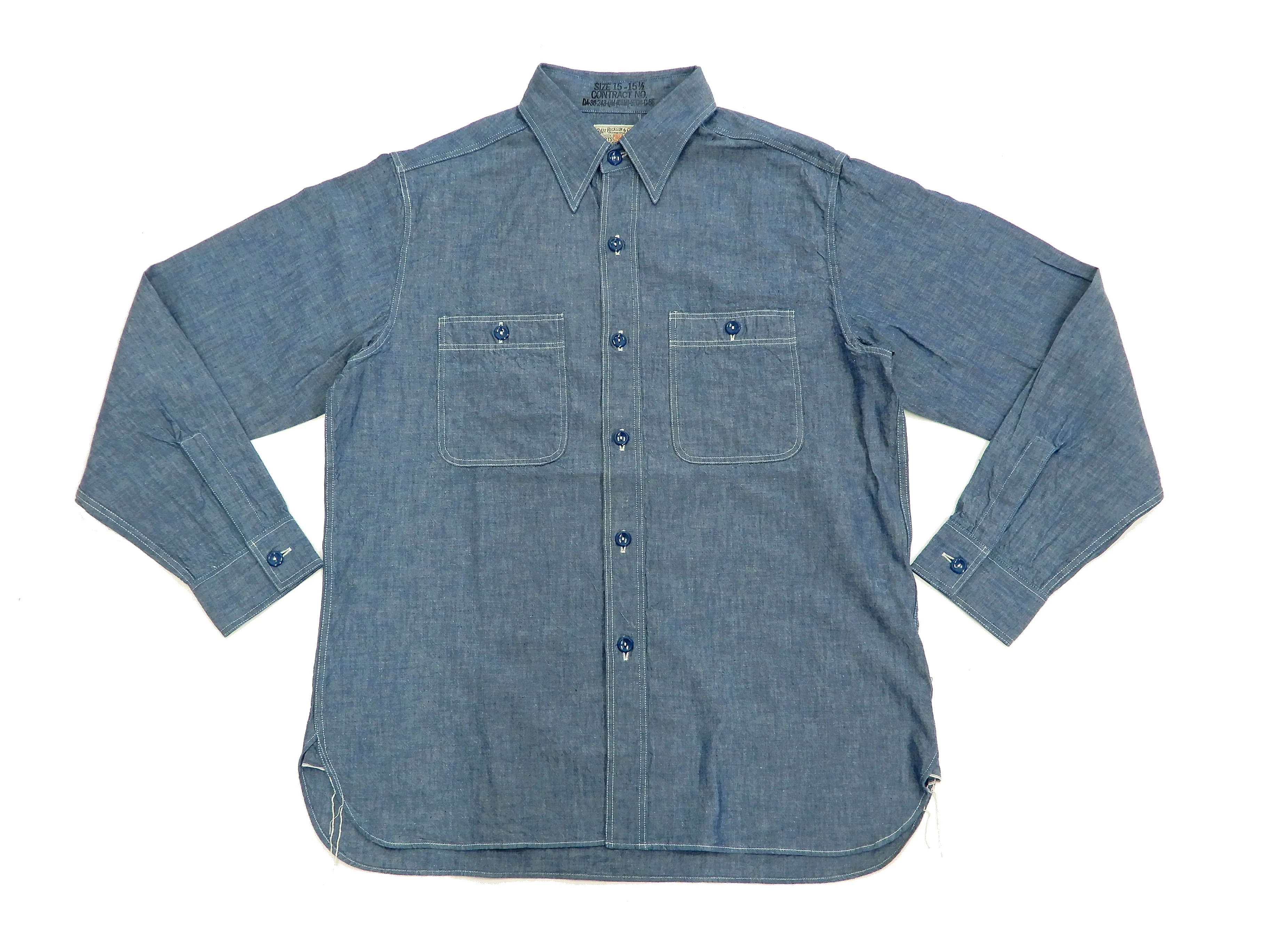 Buzz Rickson Chambray Shirt Men's U.S. Navy Military Style Plain Long Sleeve Button Up Shirt BR25995 Blue Chambray