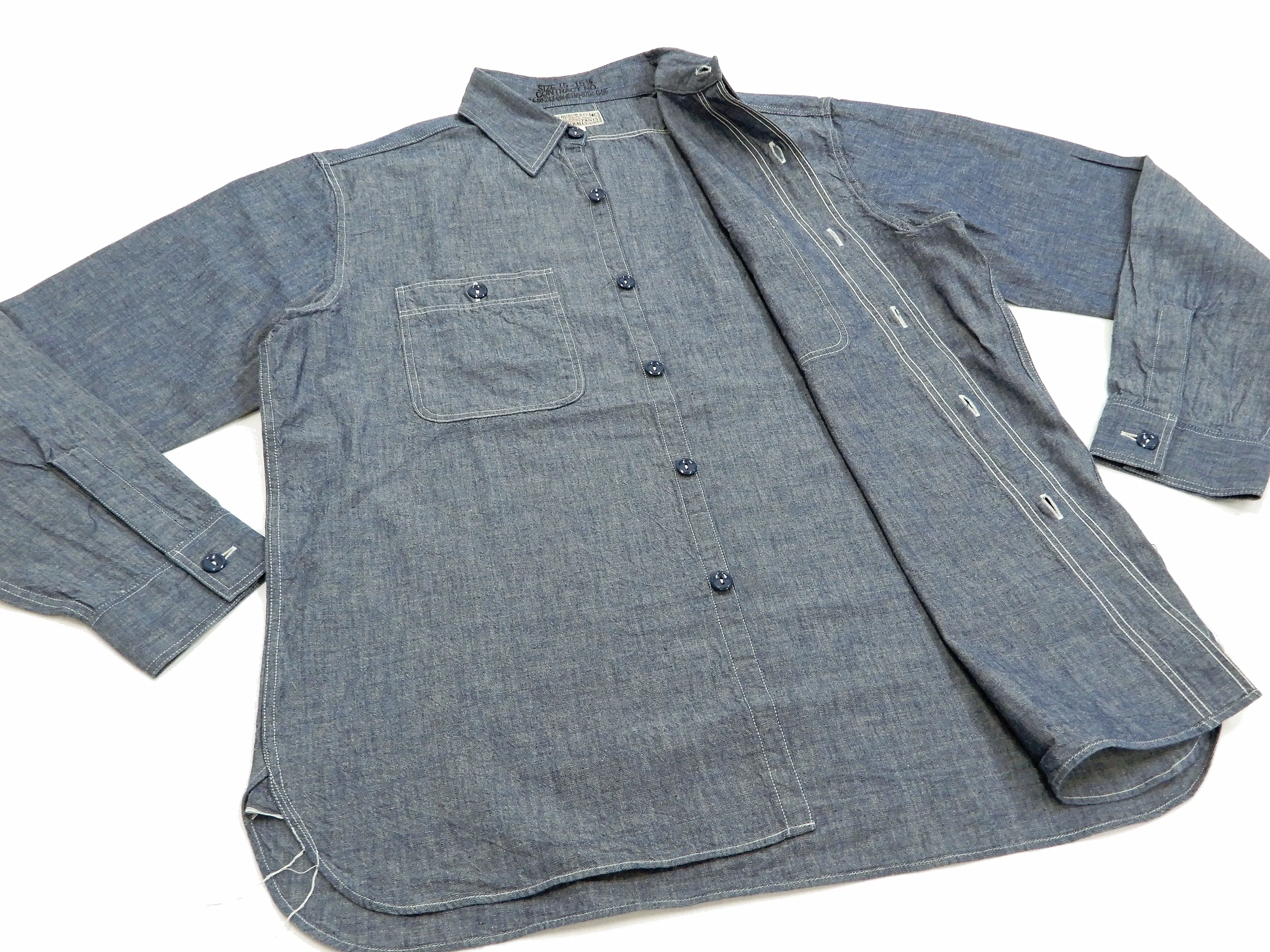 Buzz Rickson Chambray Shirt Men's U.S. Navy Military Style Plain Long Sleeve Button Up Shirt BR25995 Blue Chambray